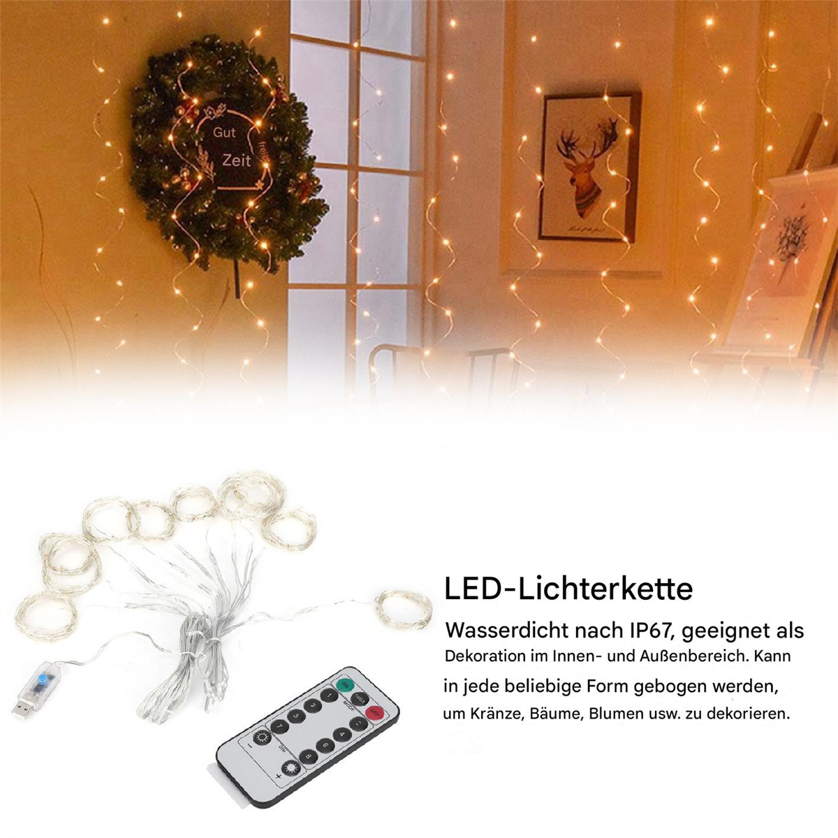 Lichterkette mit Fernbedienung und Dekorationen.
