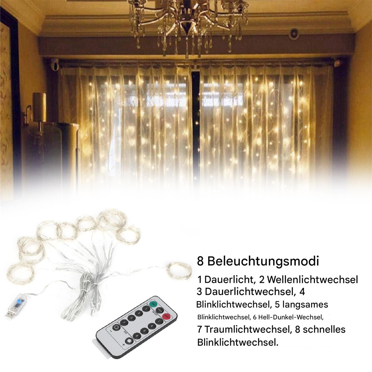 Lichterkette am Fenster mit Fernbedienung. Text: 8 Beleuchtungsmodi, darunter Dauer- und Blinklicht.