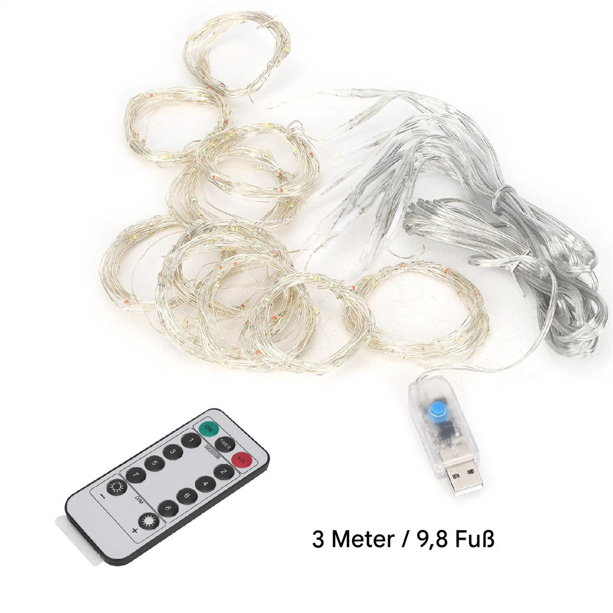 Lichterkette mit Fernbedienung und USB-Anschluss, alles auf einer weißen Oberfläche angeordnet.