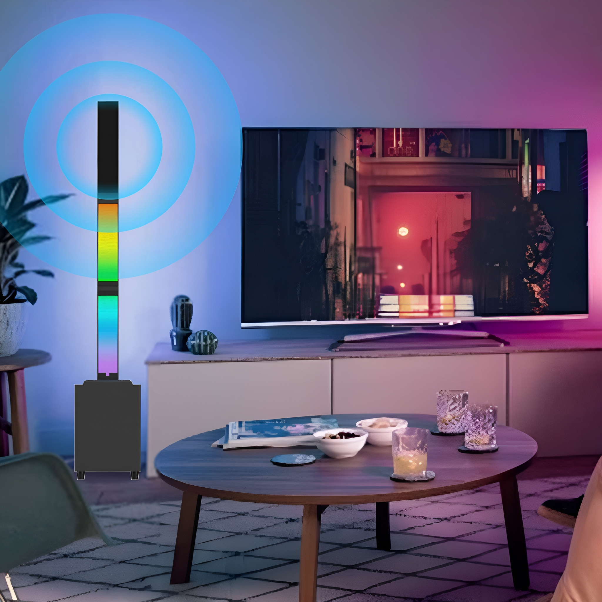 Wohnzimmer mit Smart Light und Fernseher. Tisch mit Getränken vor dem Fernseher.