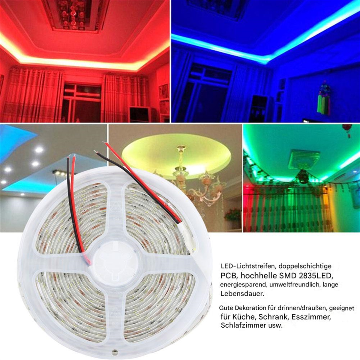 Mehrere Bilder von LED-Streifen. Die Lichter sind in verschiedenen Farben und werden in Decken verwendet.