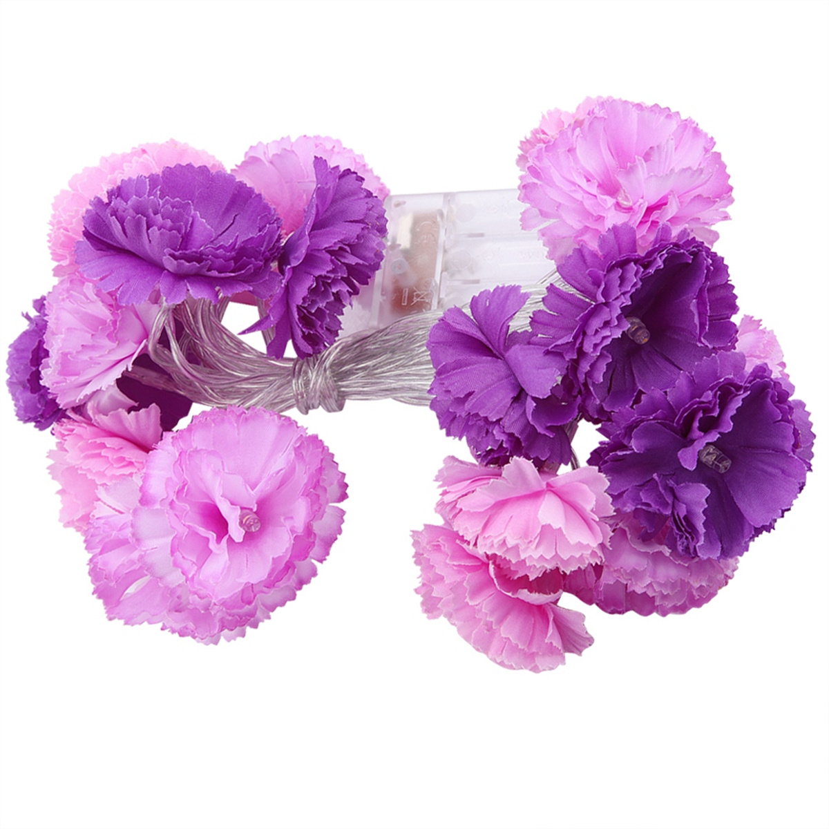Lichterkette mit rosa und lila Blumen. Die Blumen sind geclustert.