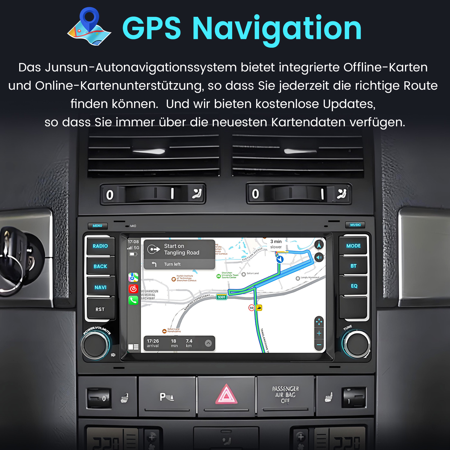 Auto-Infotainmentsystem mit Navigationskarte, Knöpfen und Digitalanzeige.