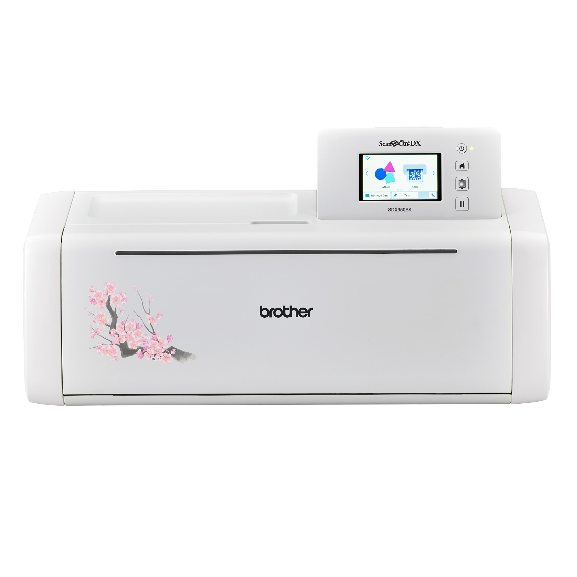 Weiße Brother ScanNCut DX Maschine mit Bildschirm und Blumendesign.