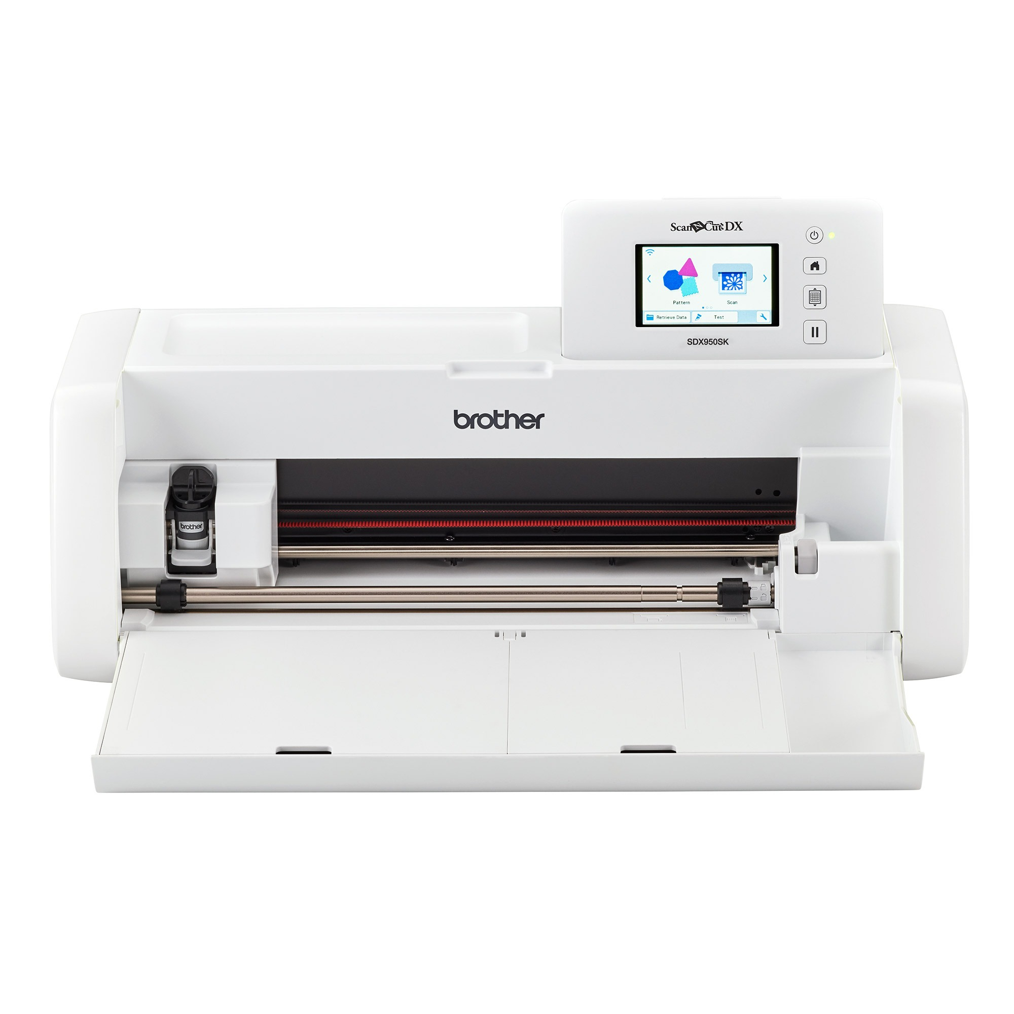 Eine weiße Brother-Scan- und Schneidemaschine. Sie hat ein offenes Fach und einen Bildschirm.