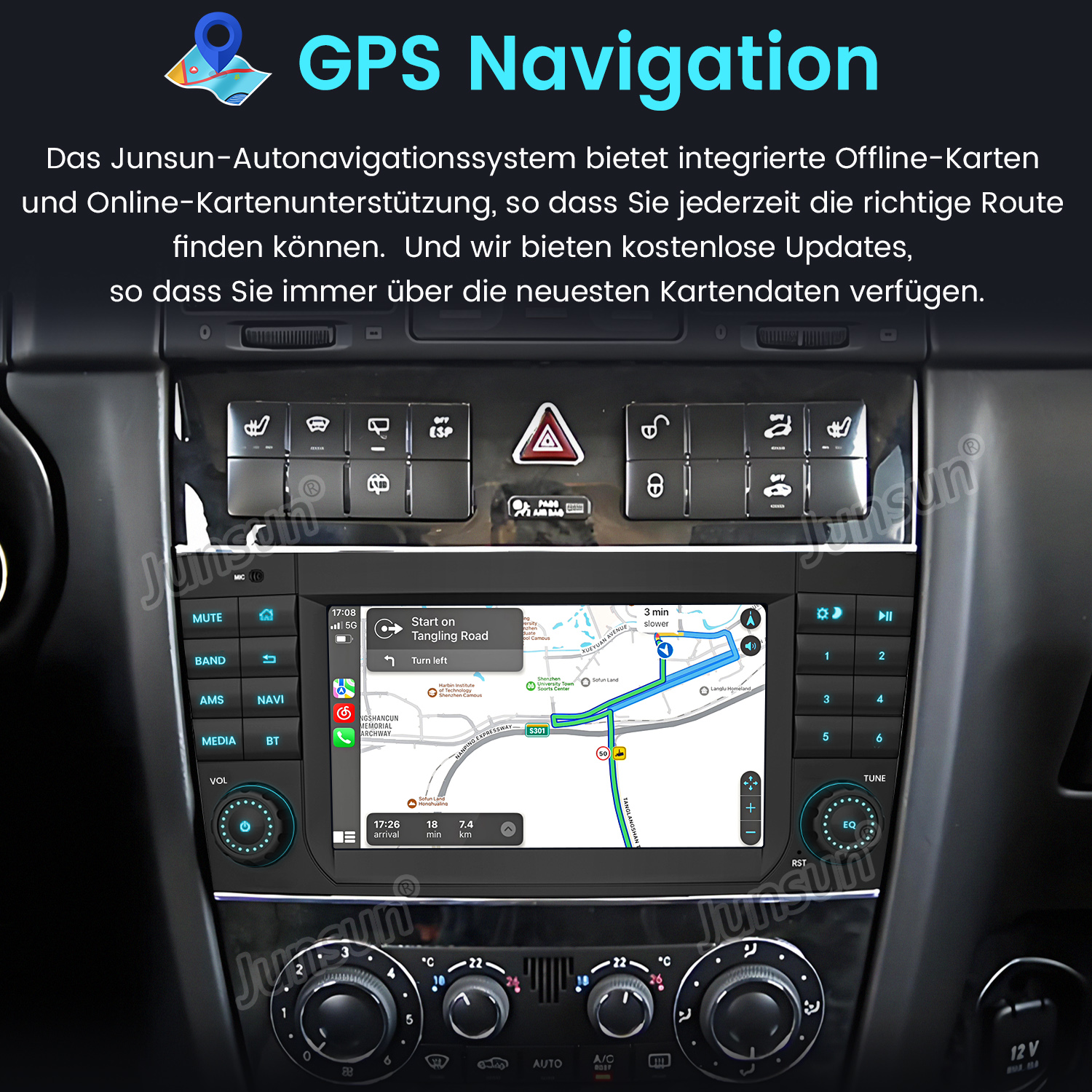 Samochodowy system info-rozrywki z nawigacją GPS wyświetlaną na ekranie. Przyciski poniżej i po bokach.