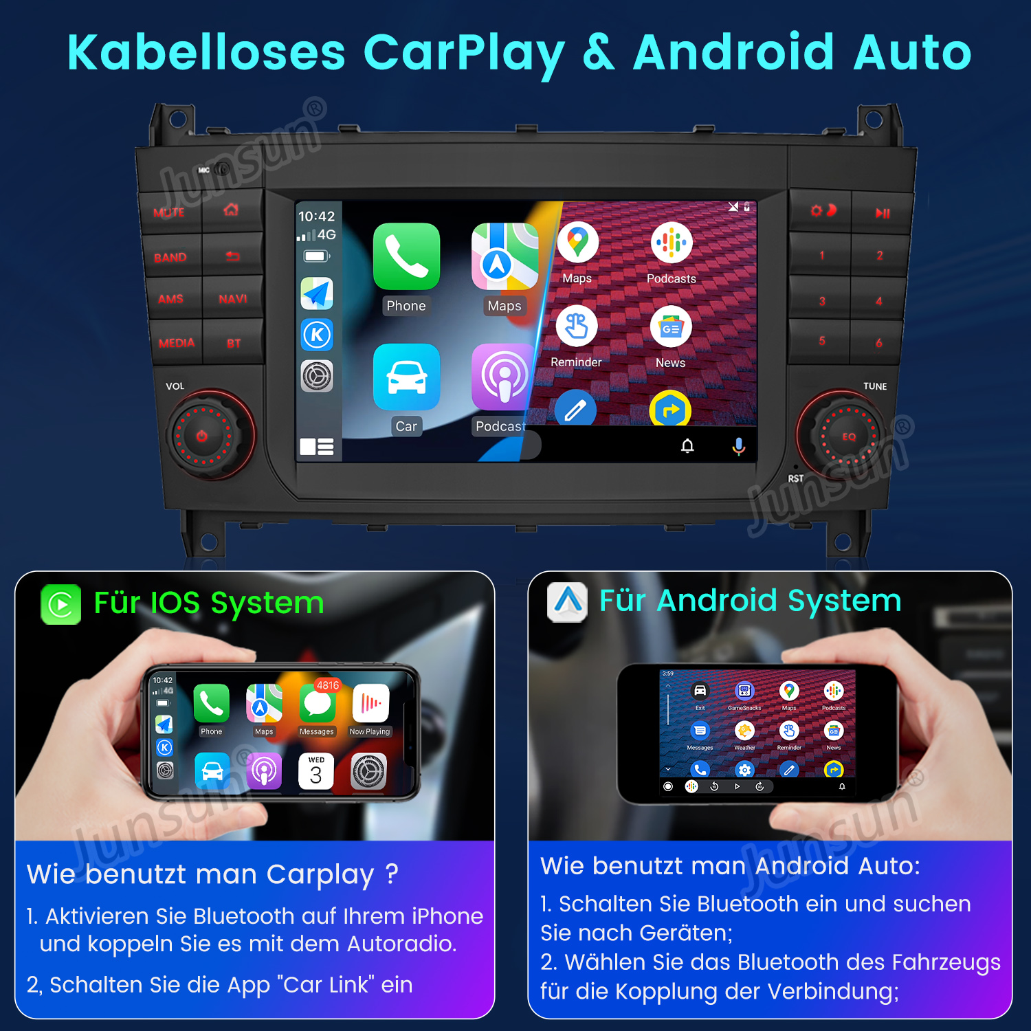 Ekran info-rozrywki samochodowej z interfejsem nawigacji i dwoma telefonami pokazującymi CarPlay i Android Auto.