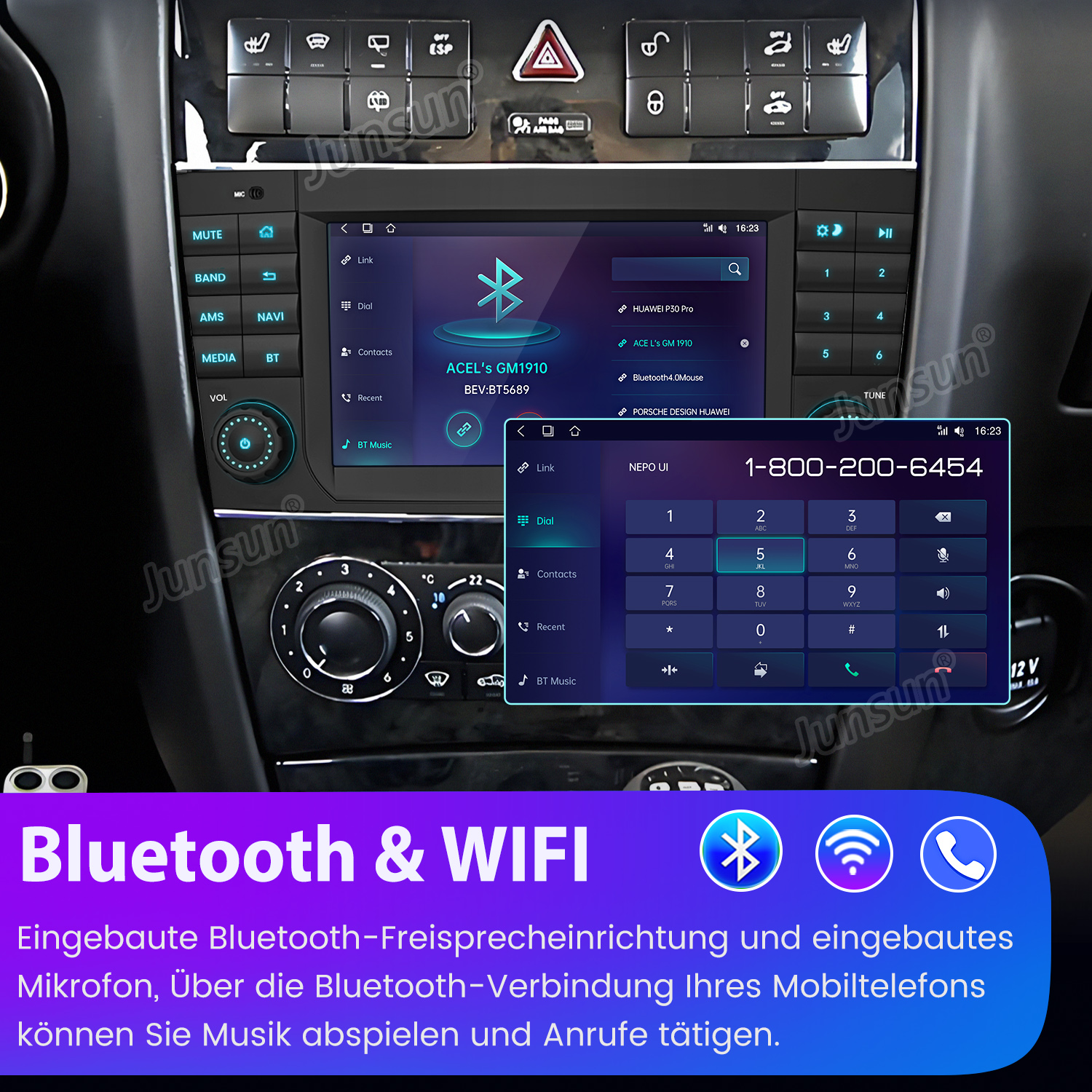 Deska rozdzielcza samochodu z ekranem wyświetlającym klawiaturę telefoniczną, ikony Bluetooth i WIFI oraz numer telefonu.