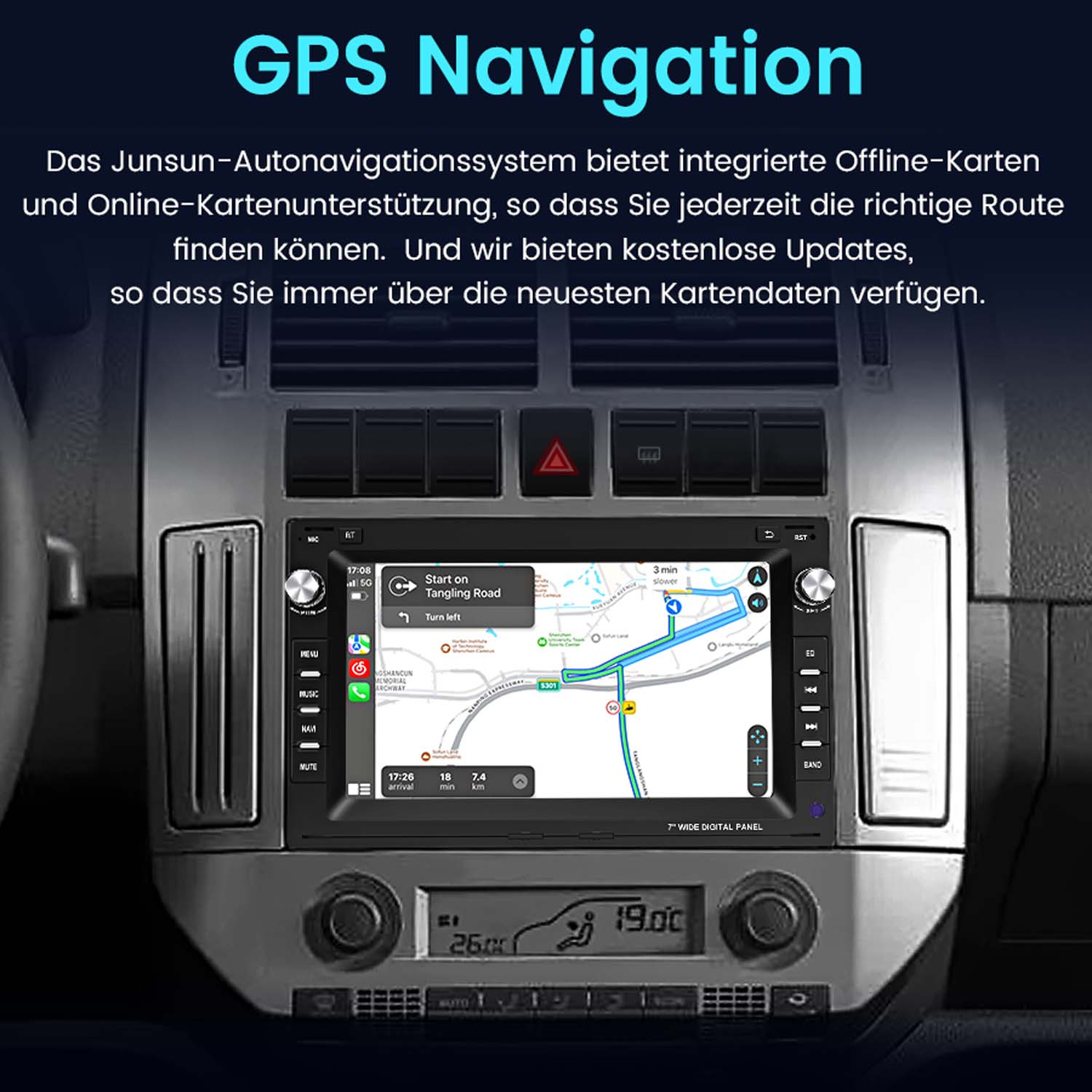 Deska rozdzielcza samochodu wyświetlająca nawigację GPS na ekranie z tekstem o mapach offline.