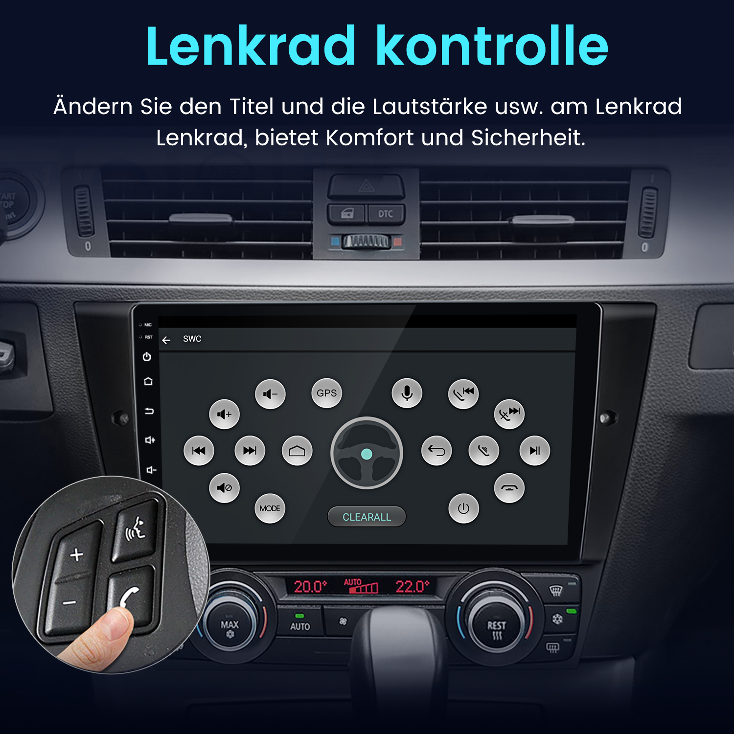 Auto-Armaturenbrett mit Bildschirm, der Einstellungen anzeigt, und Hand, die Knopf einstellt.