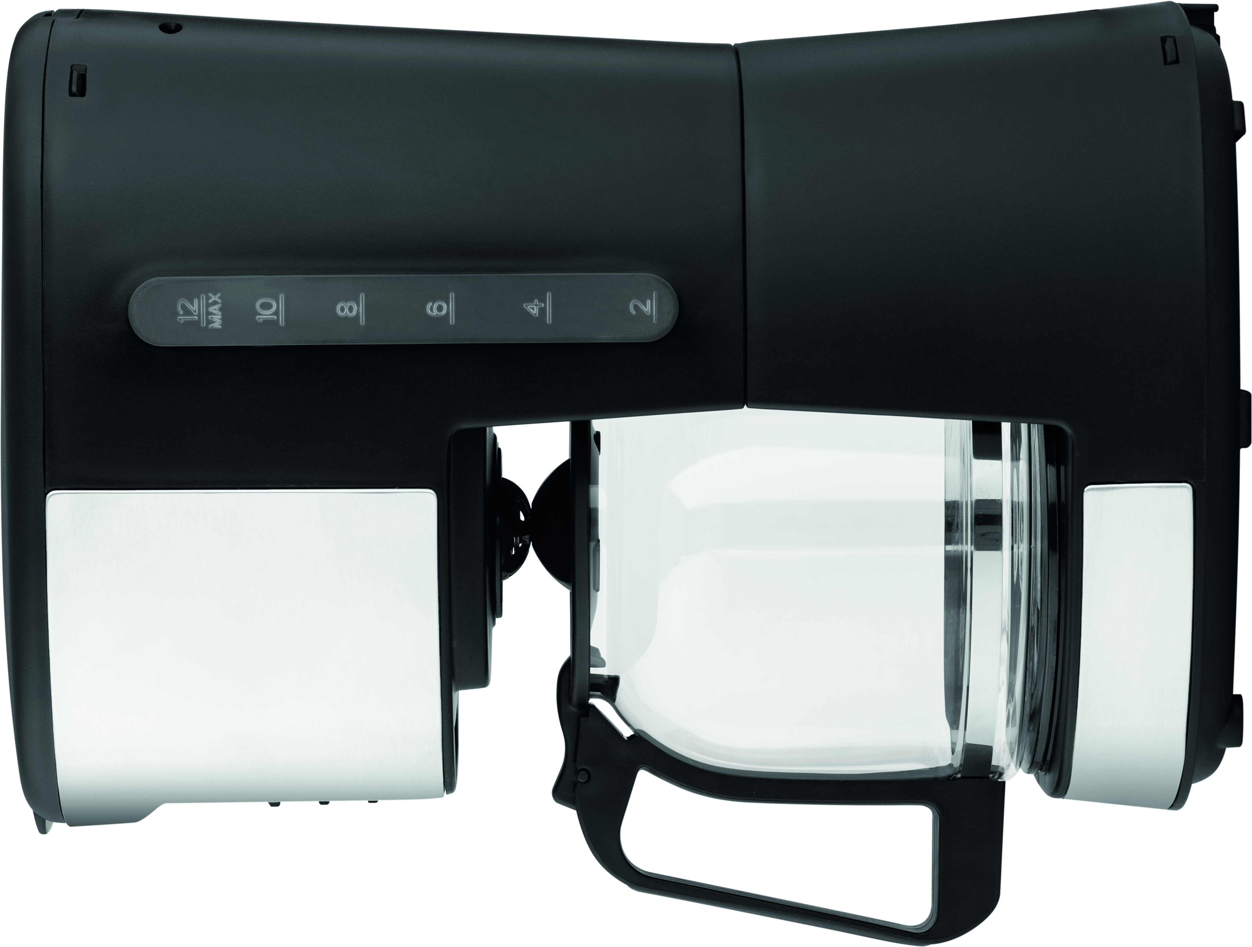 Czarny i biały ekspres do kawy ze szklaną karafką, widok z boku.