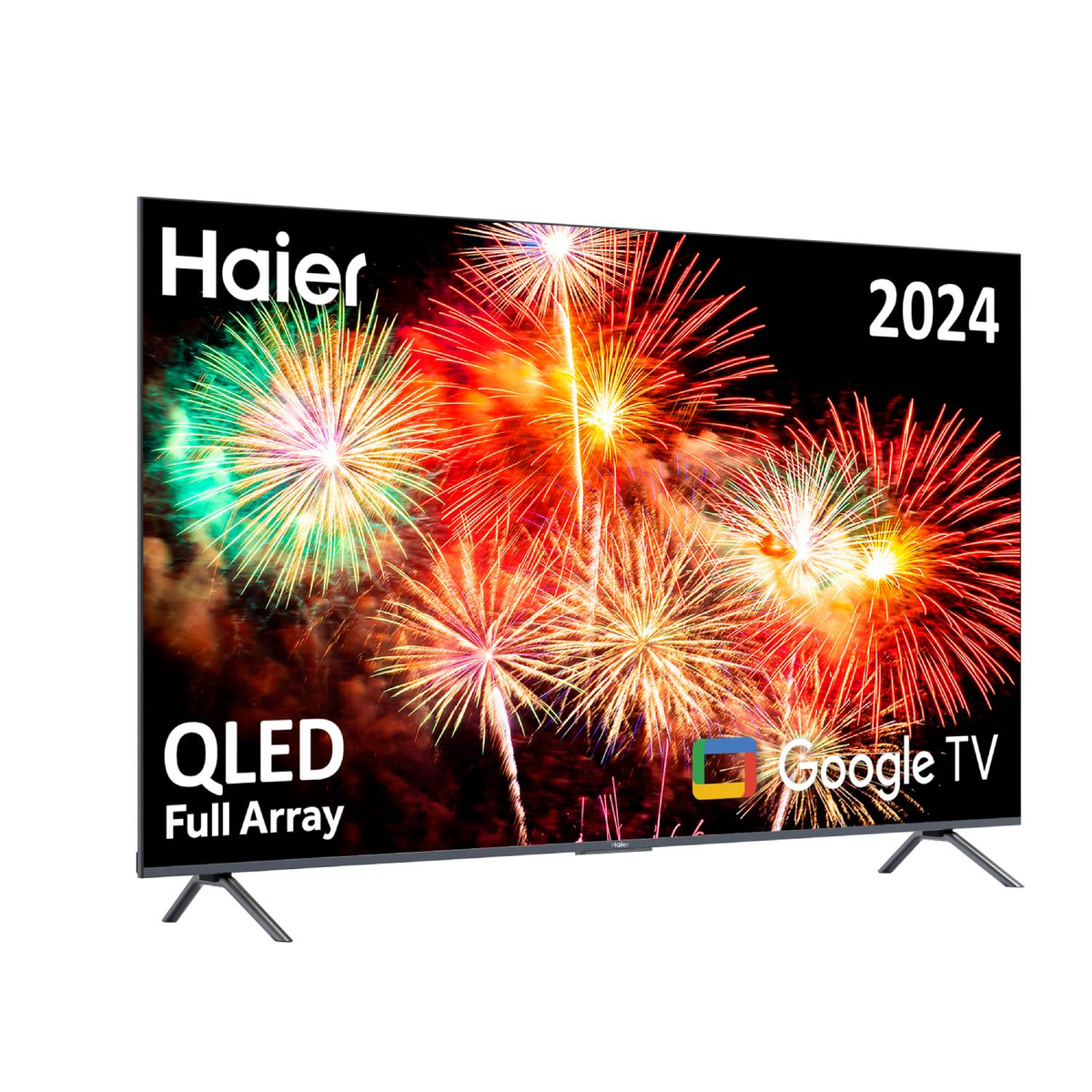 Haier QLED TV met kleurrijk vuurwerk, met 'Google TV' logo.