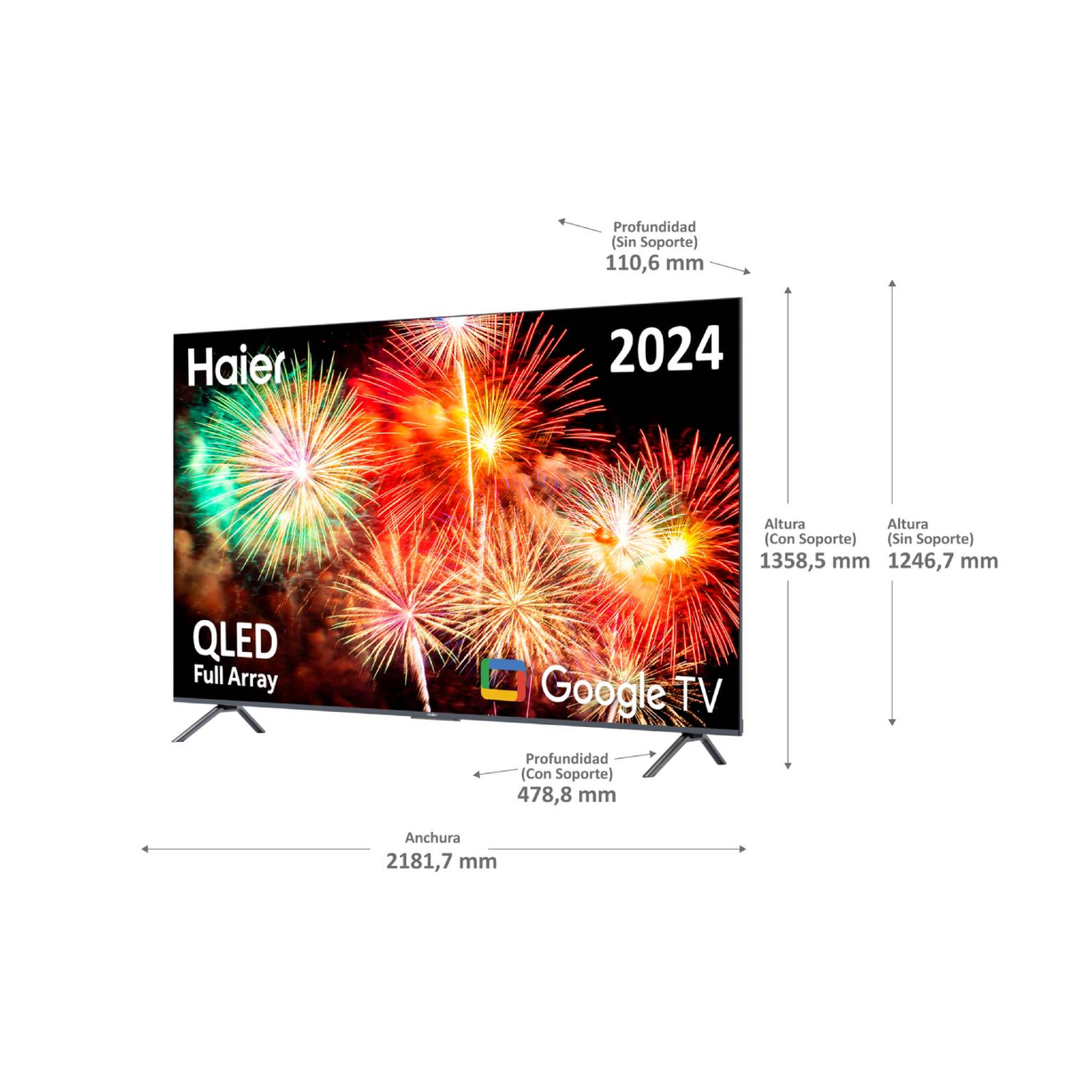 Groot tv-scherm met vuurwerk. Informatie over de tv wordt aan de zijkant weergegeven.