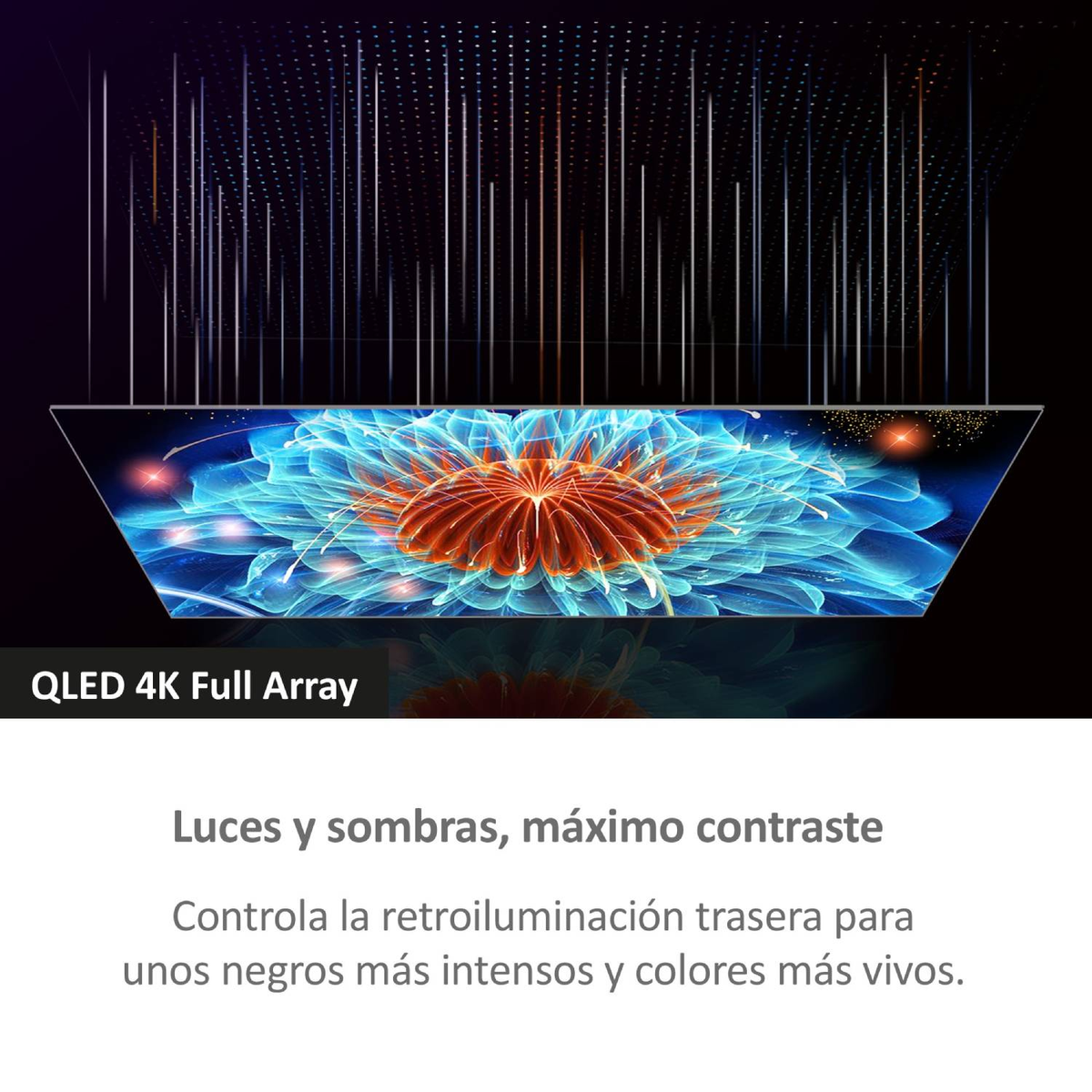 Tv-scherm met kleurrijk bloemdesign en de woorden 'QLED 4K Full Array'.