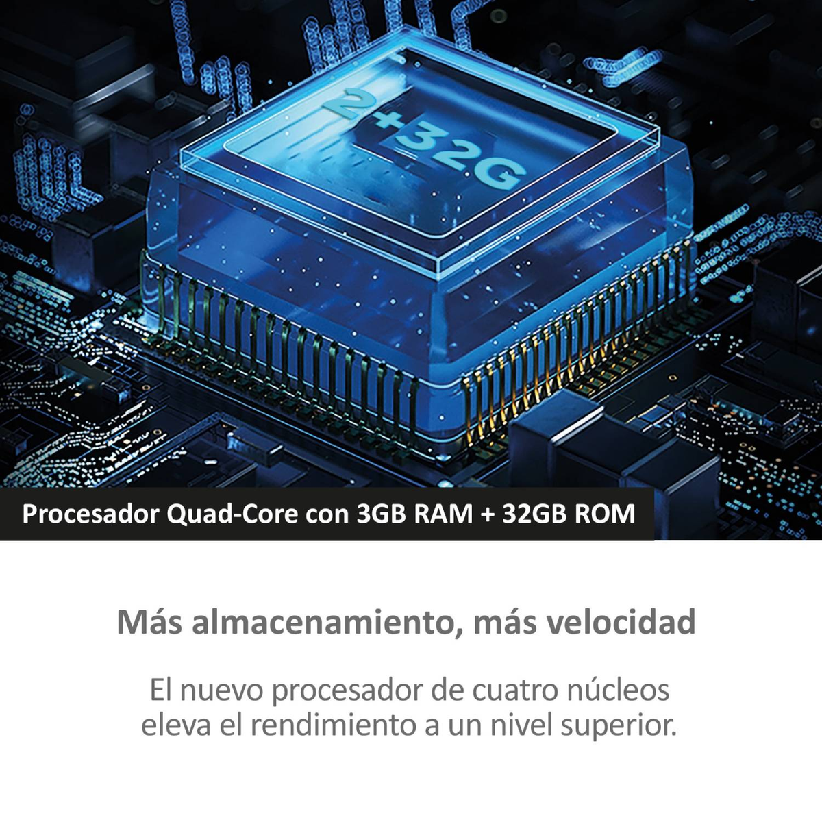 Close-up van een transparante blauwe processor met tekstoverlay, over een printplaat. Donkere achtergrond.