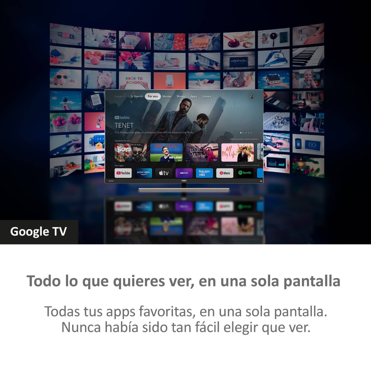 Een modern tv-scherm met meerdere apps en video-miniatuurweergaven. Het Google TV-logo is zichtbaar.