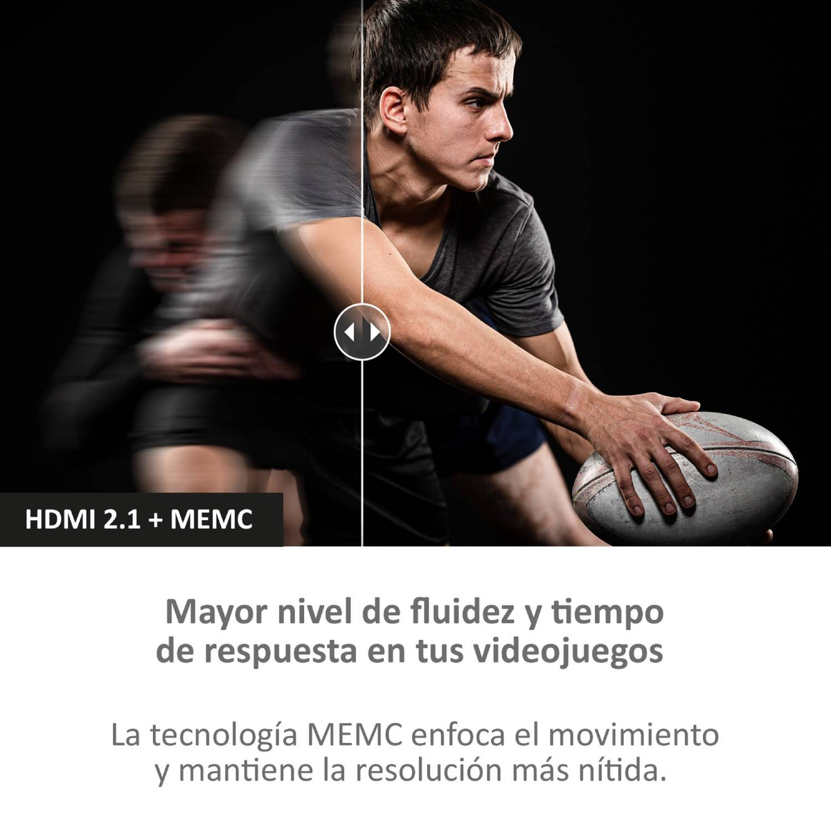 Man in beweging, rugbybal. Afbeelding toont vervagingseffect met tekst 'HDMI 2.1 + MEMC'.
