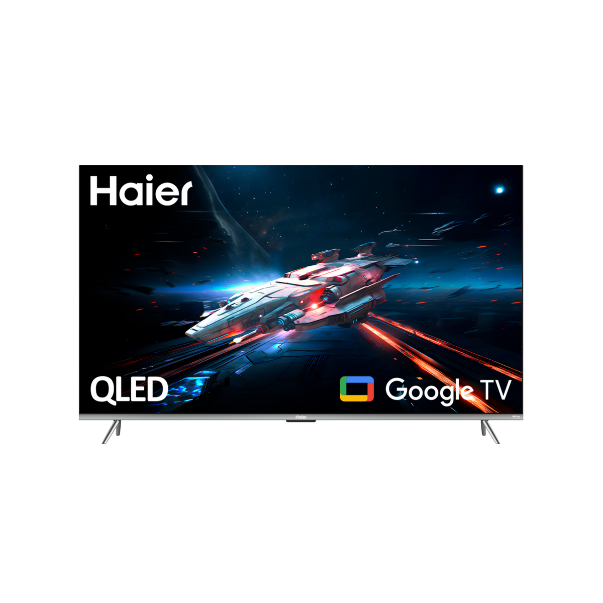 Haier QLED Google TV auf Schwarz. Raumschiff-Szene auf dem Bildschirm. Weißer Haier und Google TV Text.