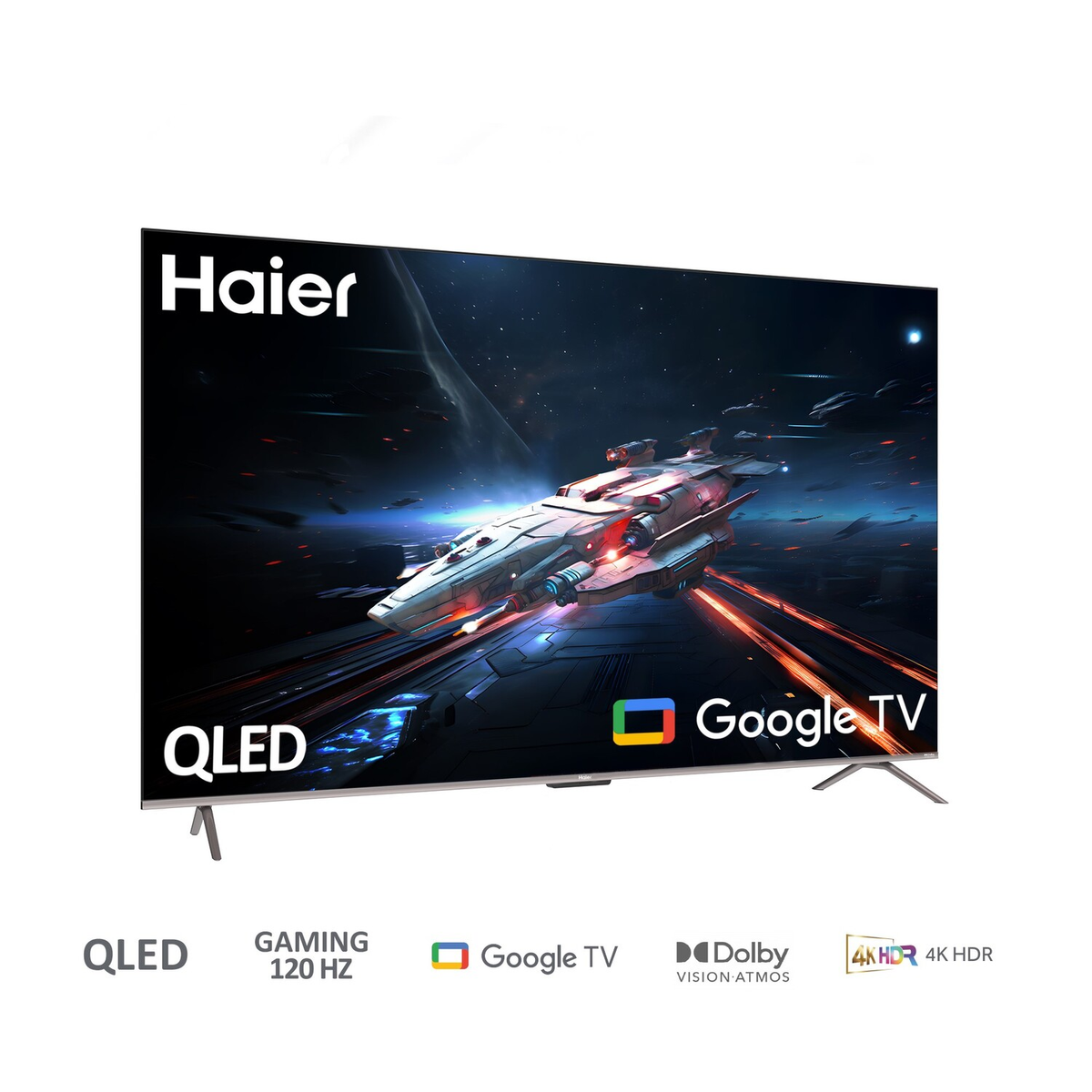 Ein Haier QLED-Fernseher mit einer Weltraumszene auf dem Bildschirm. Google TV-Logo ist sichtbar. Der Fernseher hat einen silbernen Ständer.