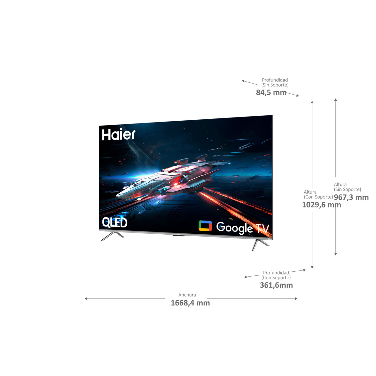 Großer Haier QLED-Fernseher. Zeigt Weltraumszene. Abmessungen werden in mm angezeigt.