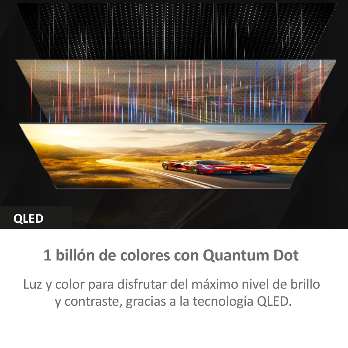 QLED-Fernseher, der eine farbenfrohe Rennwagenszene zeigt, Textüberlagerung.