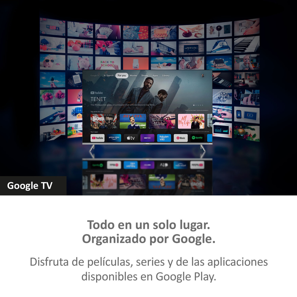 Ein Fernsehbildschirm, der eine Oberfläche mit Filmen, Sendungen und Apps zeigt.