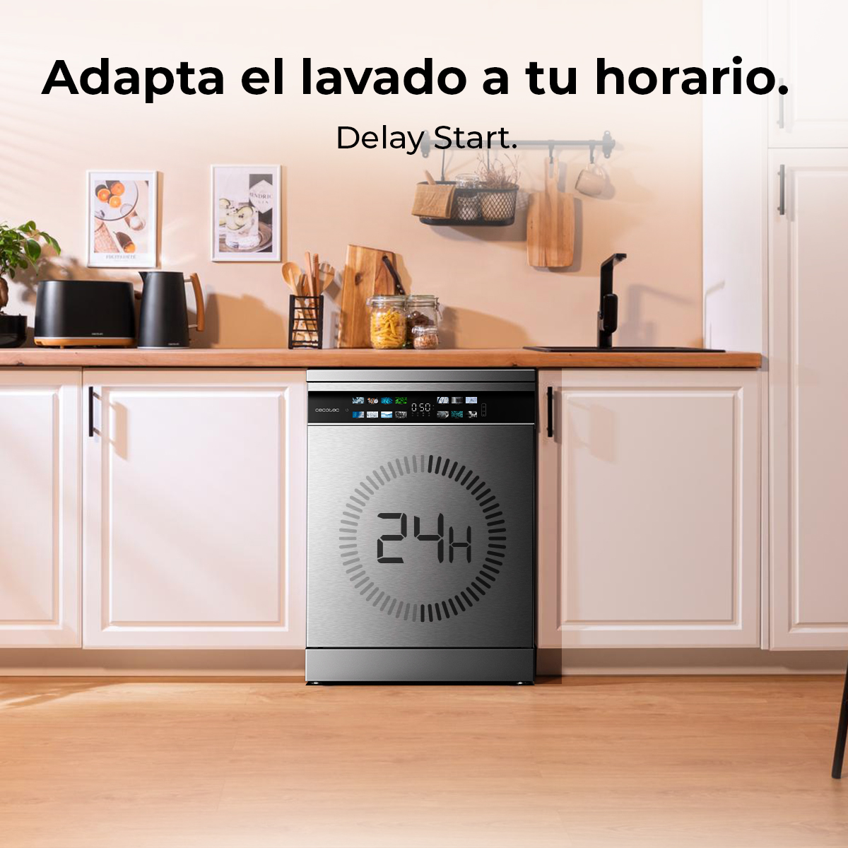 Zmywarka z cyfrowym wyświetlaczem 24H i tłem kuchni.