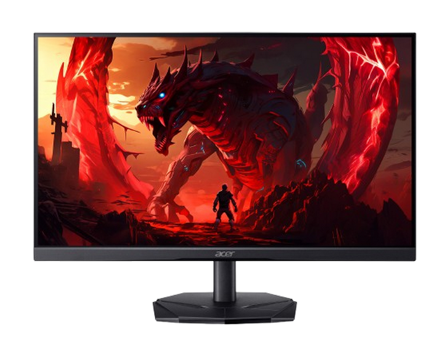 Monitor wyświetlający czerwonego smoka i sylwetkę. Logo Acer na dole.