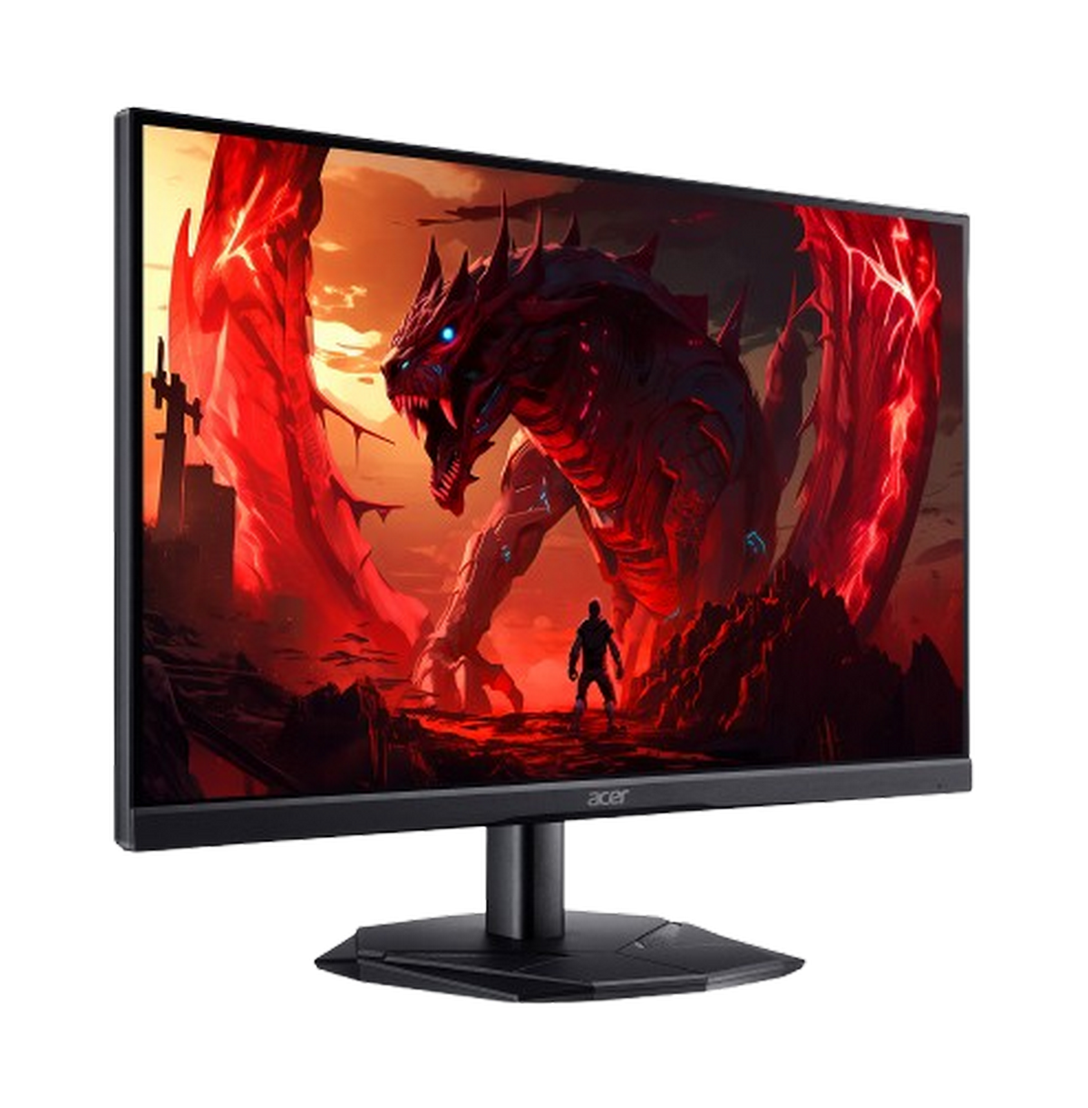 Monitor do gier przedstawiający smoka i postać w płonącym krajobrazie. Czarna podstawa i ramka.