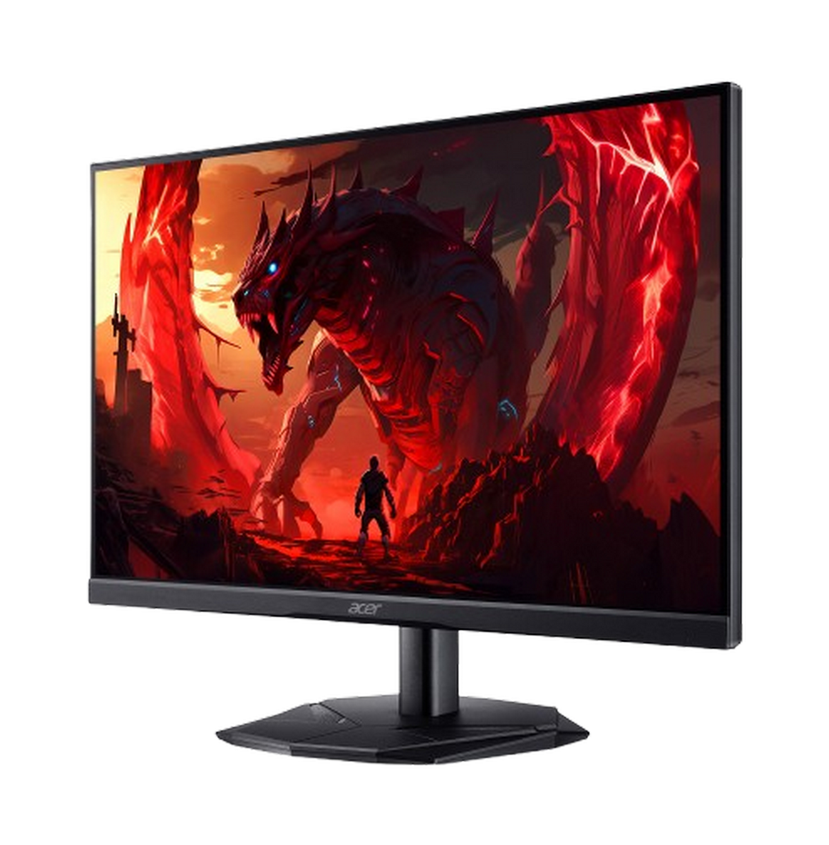 Monitor Acer wyświetlający cyfrową scenę artystyczną ze smokiem i postacią.