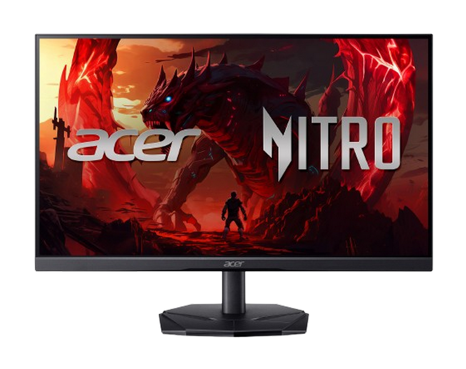 Monitor do gier Acer Nitro wyświetlający obraz smoka z postacią.