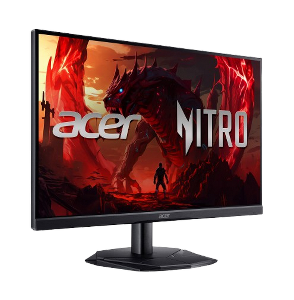 Monitor do gier Acer Nitro wyświetlający scenę z ognistym smokiem z ludzką postacią.
