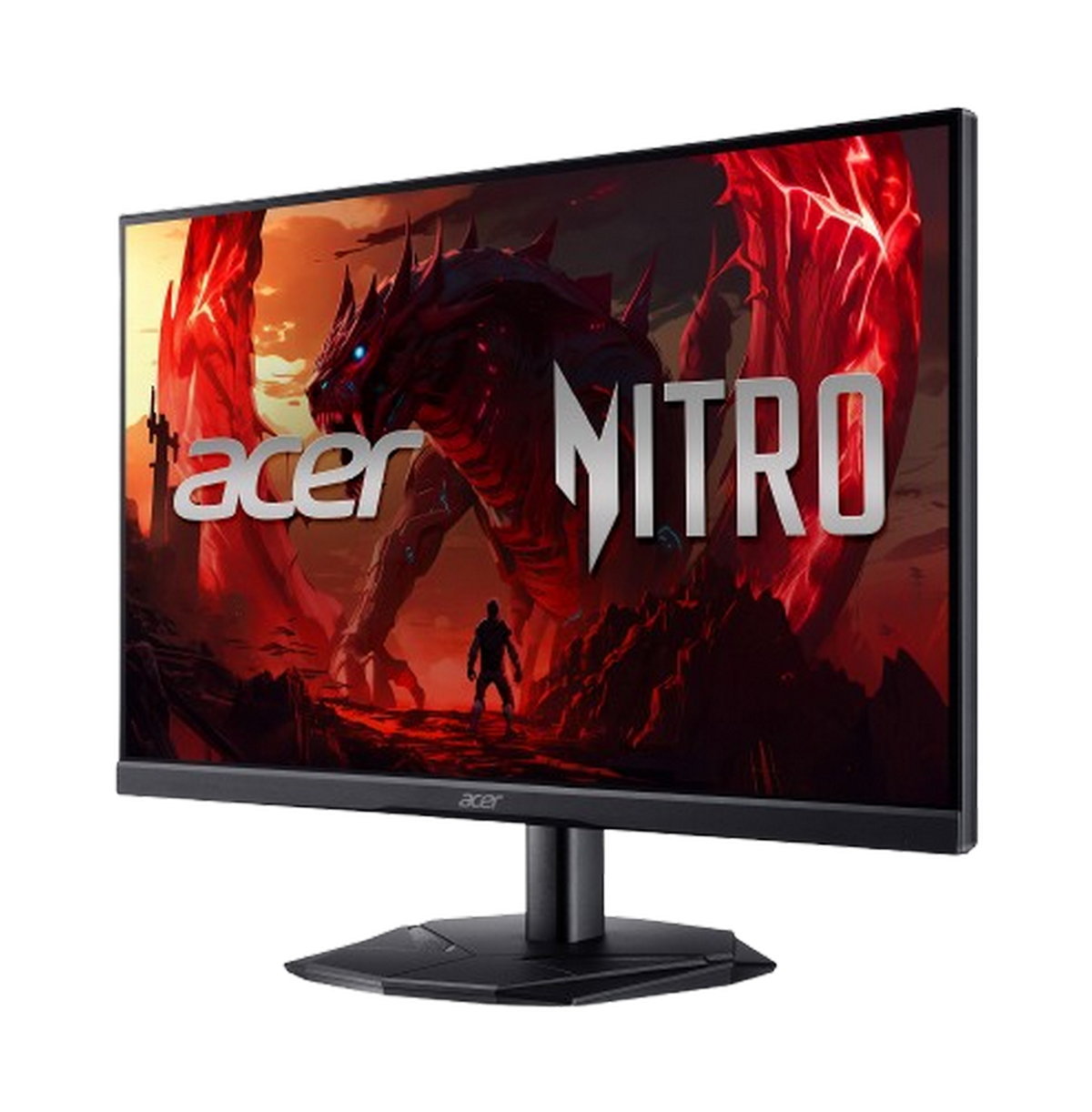 Monitor Acer Nitro wyświetlający scenę z gry ze smokiem i czerwonym tłem. Widoczne są logo Acer i Nitro.