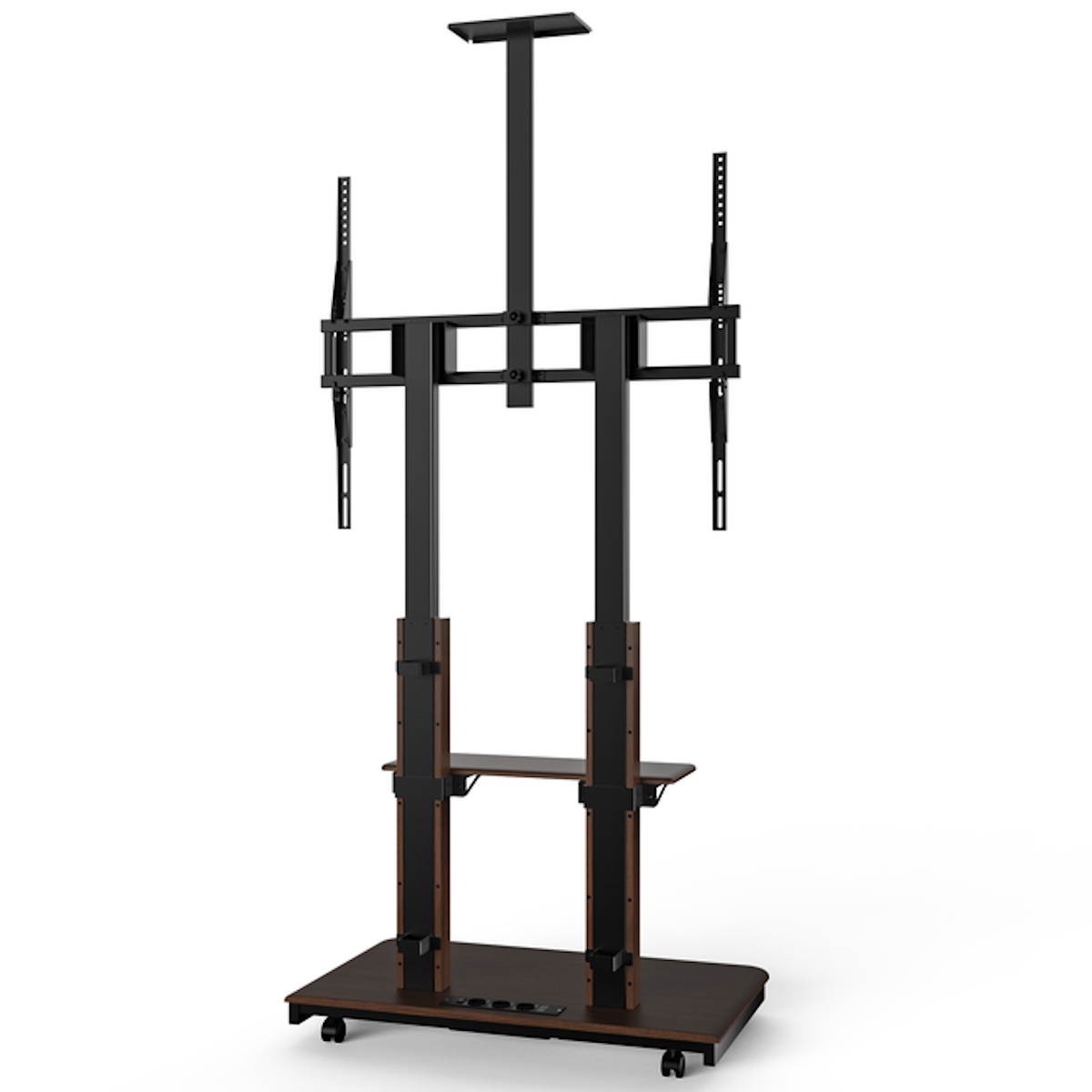 Black and brown TV stand on wheels with adjustable height, shelves, and power outlets.
