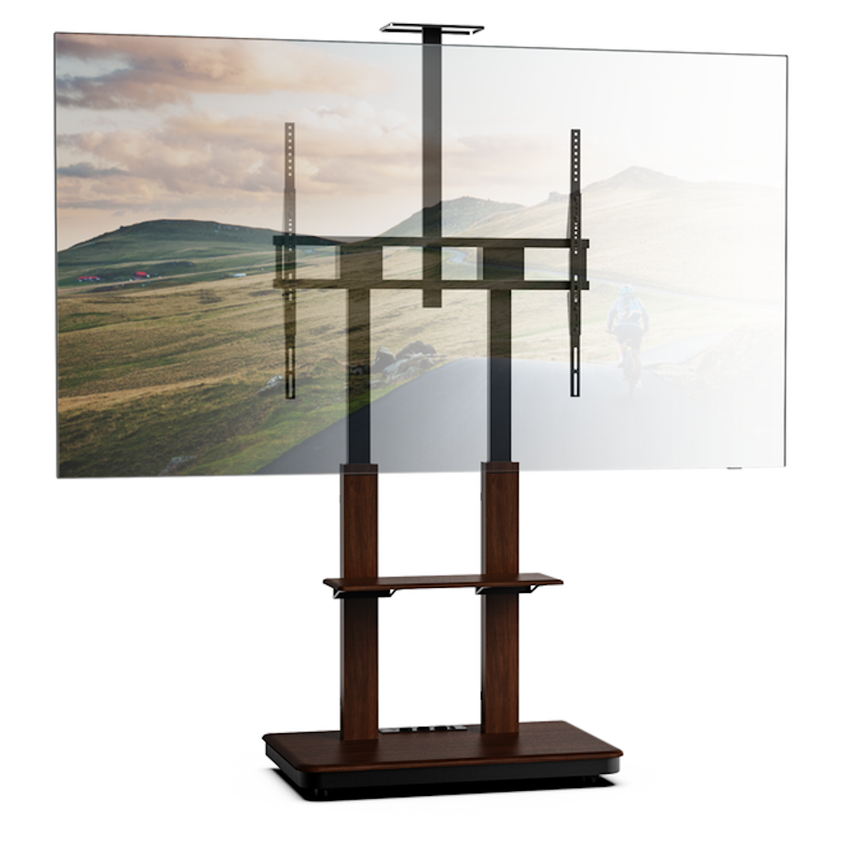Wooden and metal TV stand with a large screen and a blurred background.