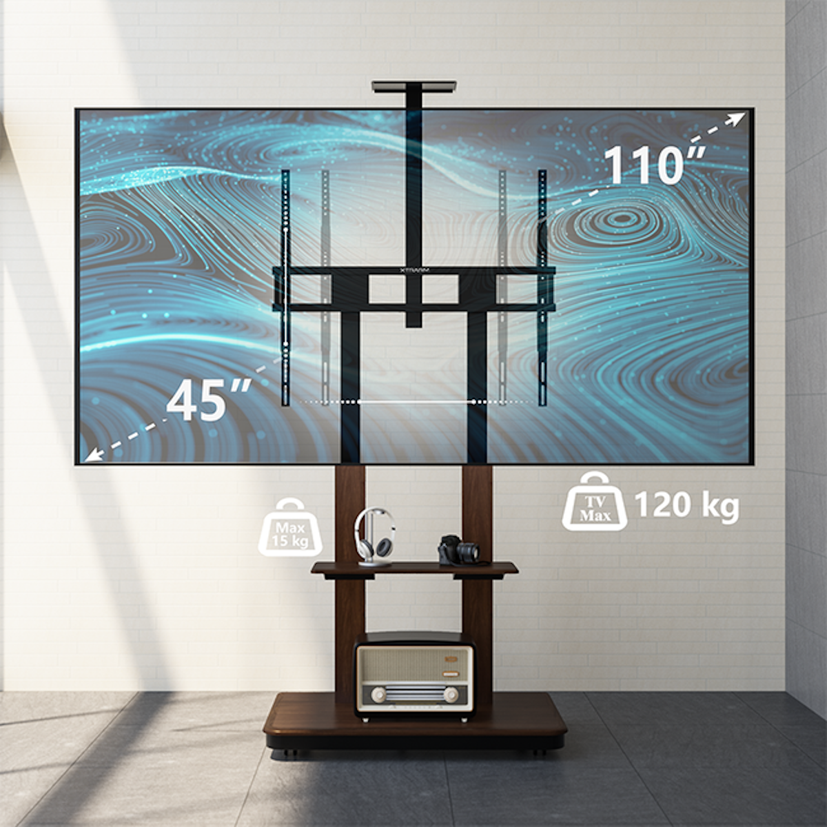 TV stand with a large screen showing lines, and storage shelf with items below.
