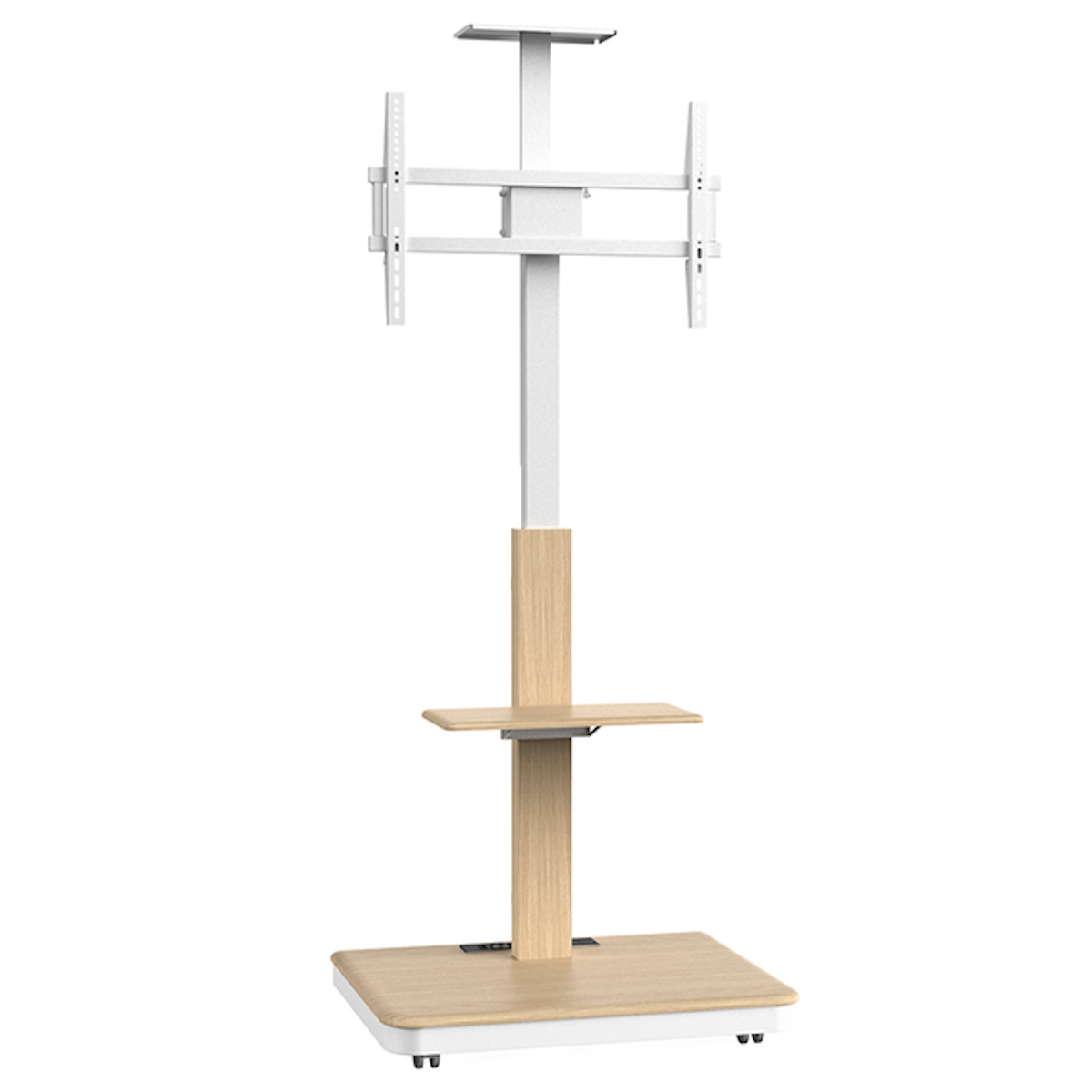 Lichte houten en witte tv-standaard op een witte achtergrond, met een plank en een tv-beugel.