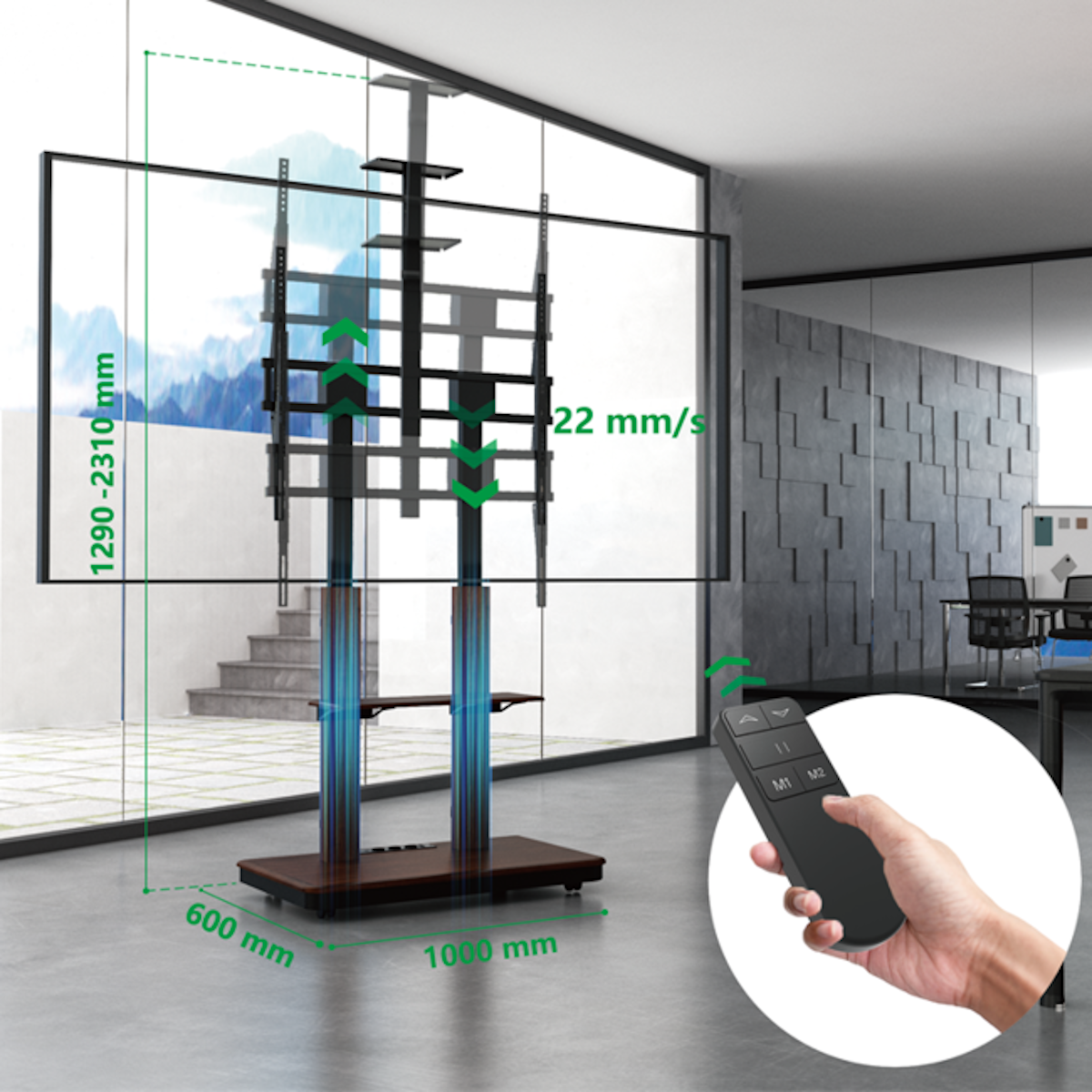 TV on a motorized stand with height and tilt adjustments. The stand has a wooden base.