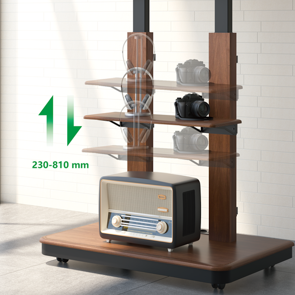 A wooden stand with shelves and a retro radio on the bottom. Headphones and cameras are on the shelves.