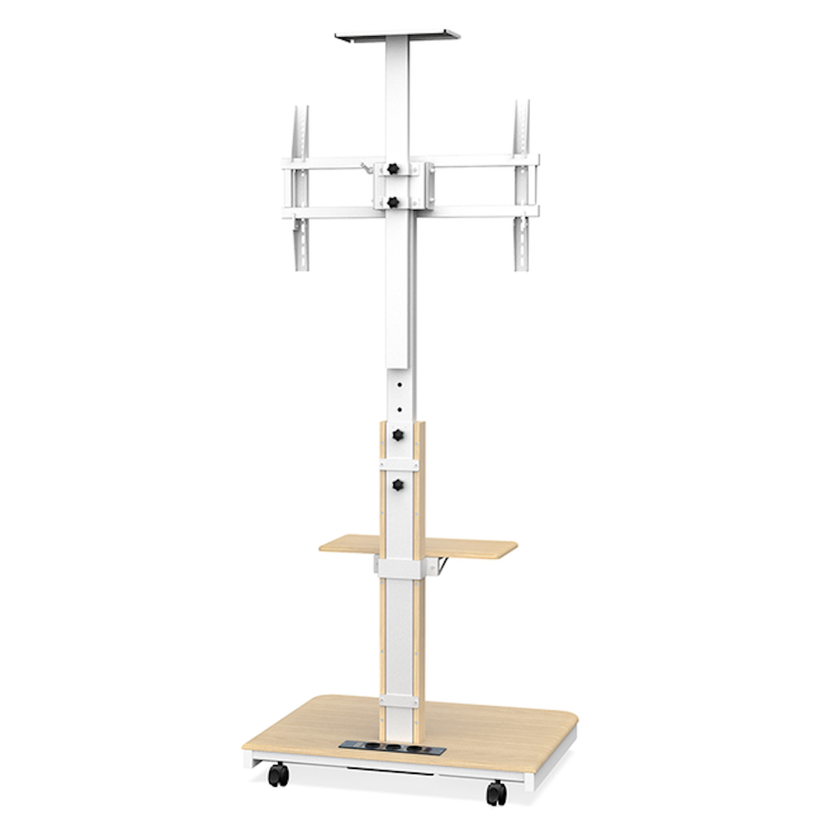 Tv-standaard met wielen, een houten basis en verstelbare hoogte. Het heeft planken en kabelbeheer.
