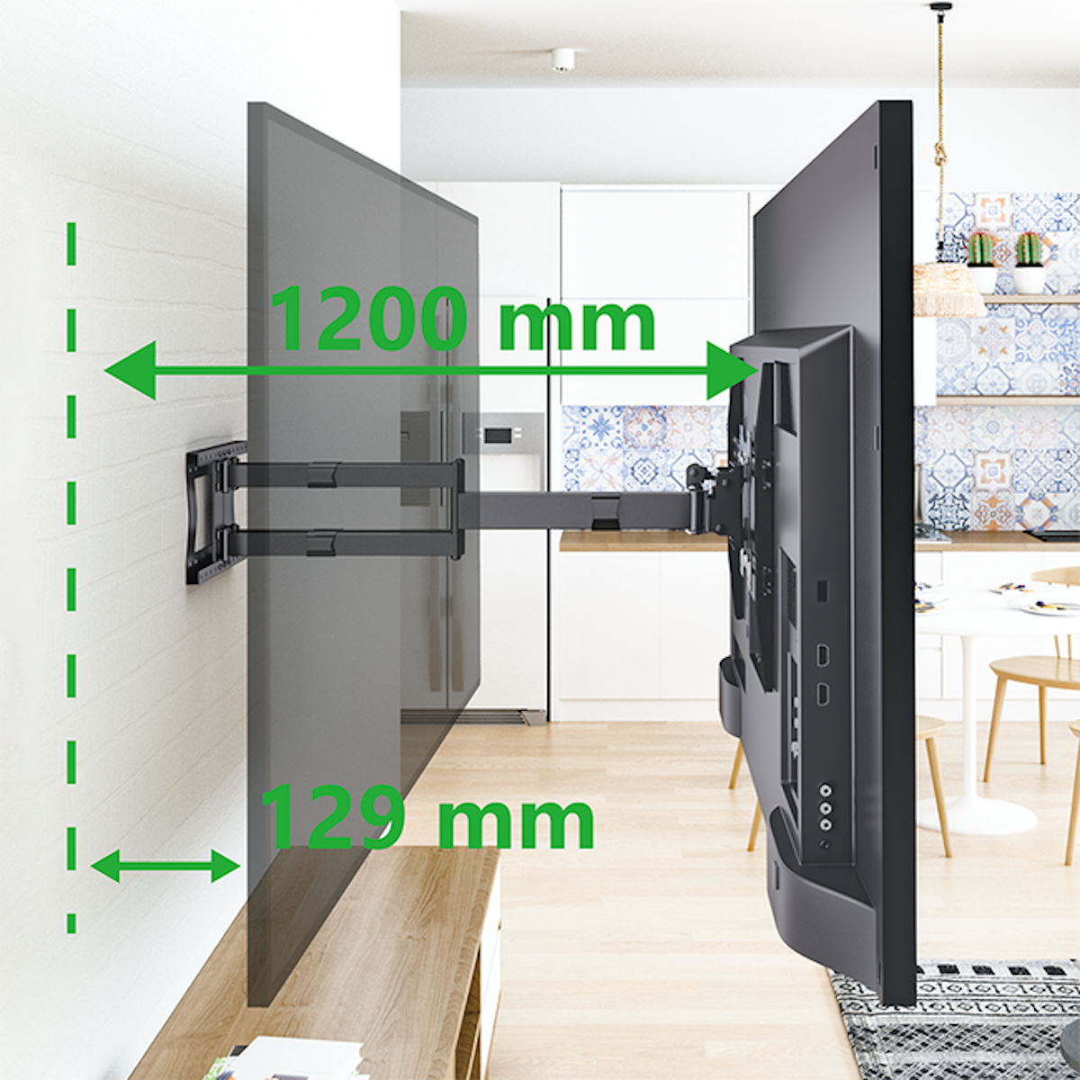 TV mounted on a wall, with dimensions and a second wall.