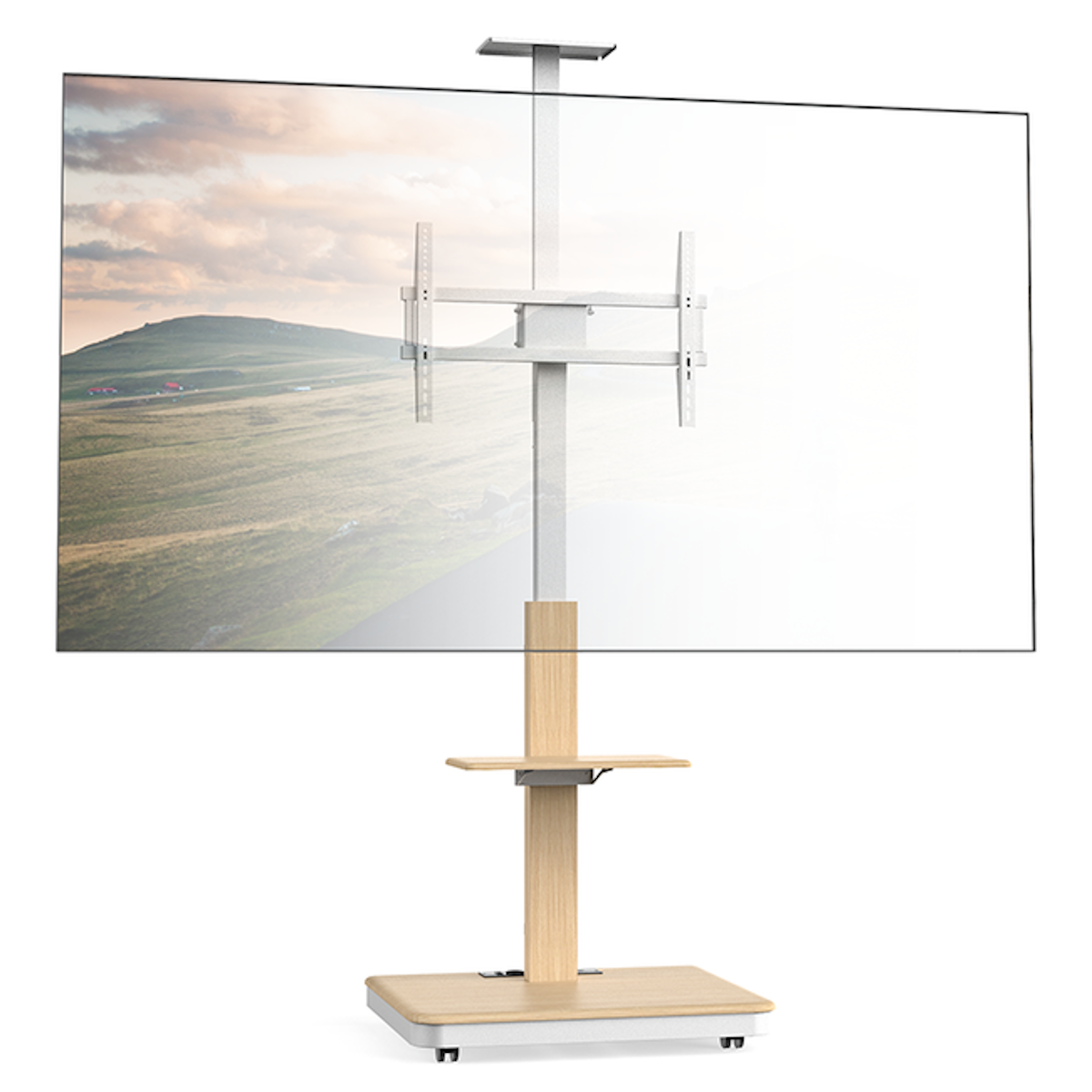 Grote tv op een witte standaard met houten voet. Landschap op de achtergrond.