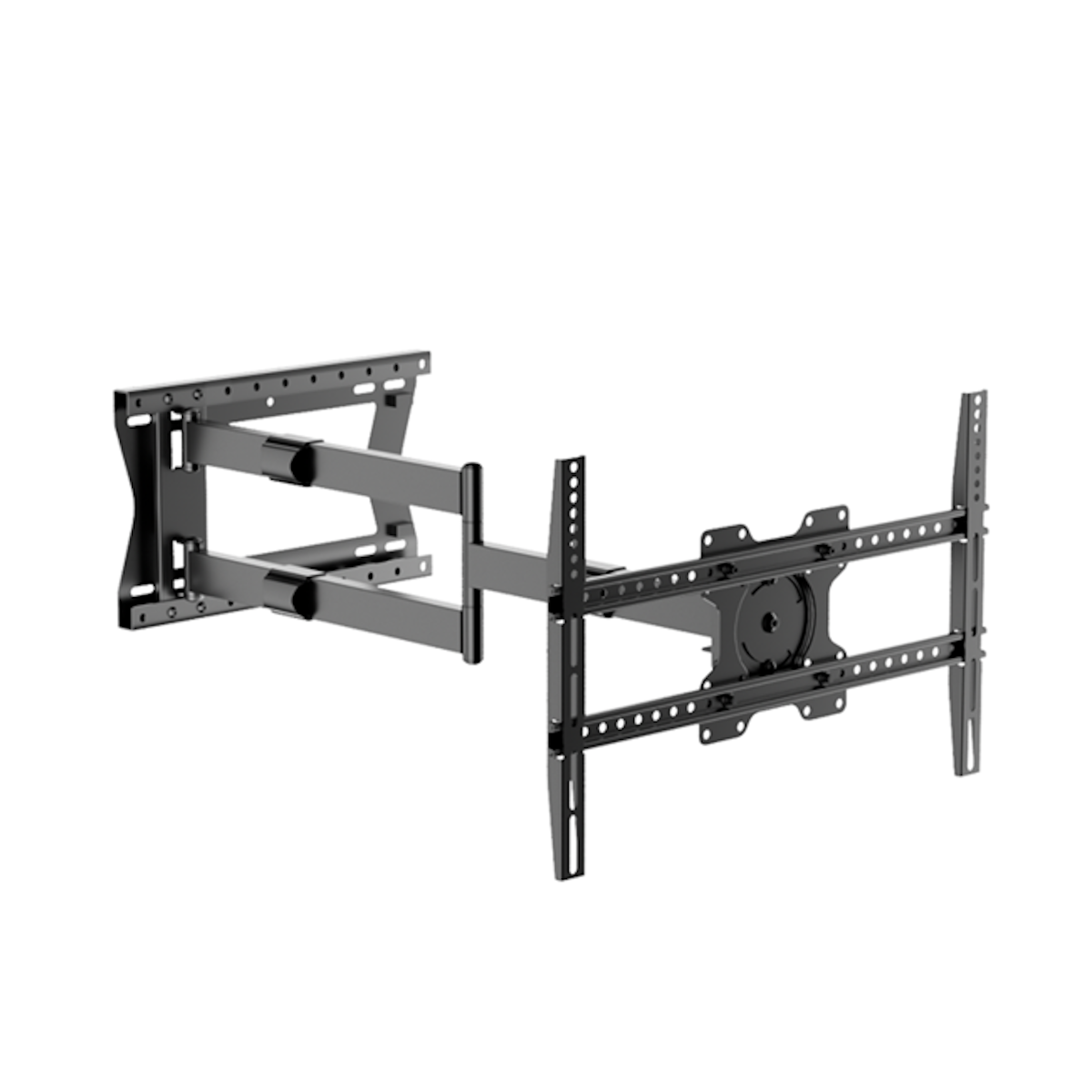 Black TV wall mount, articulated with multiple joints, for adjusting viewing angle.