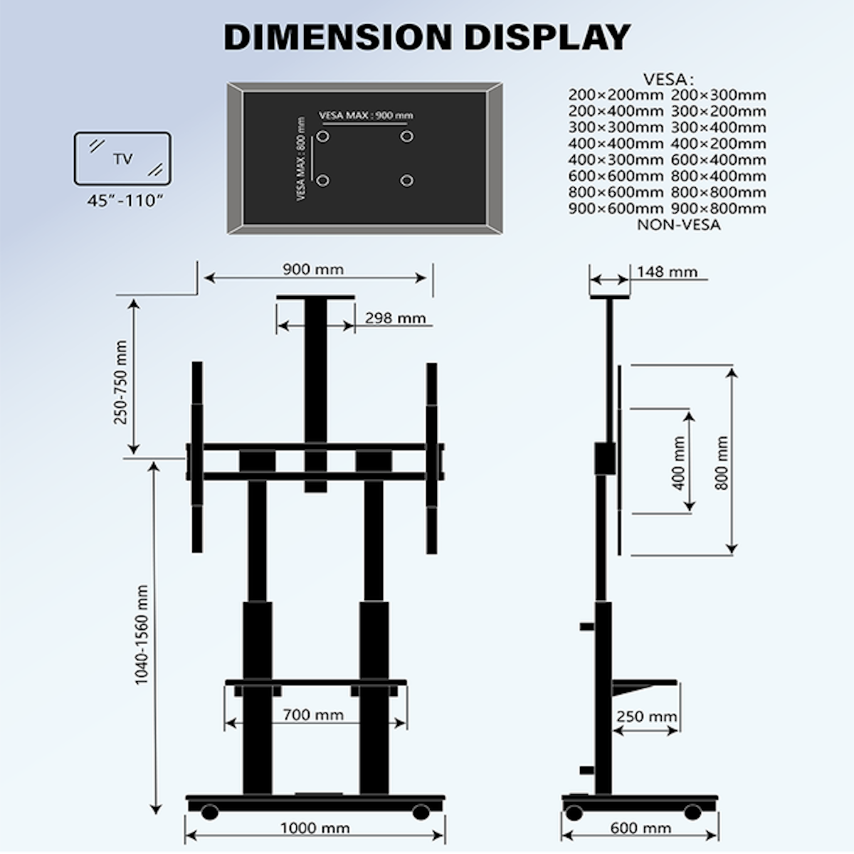 Schéma d'un support TV avec dimensions, mesures et spécifications VESA.