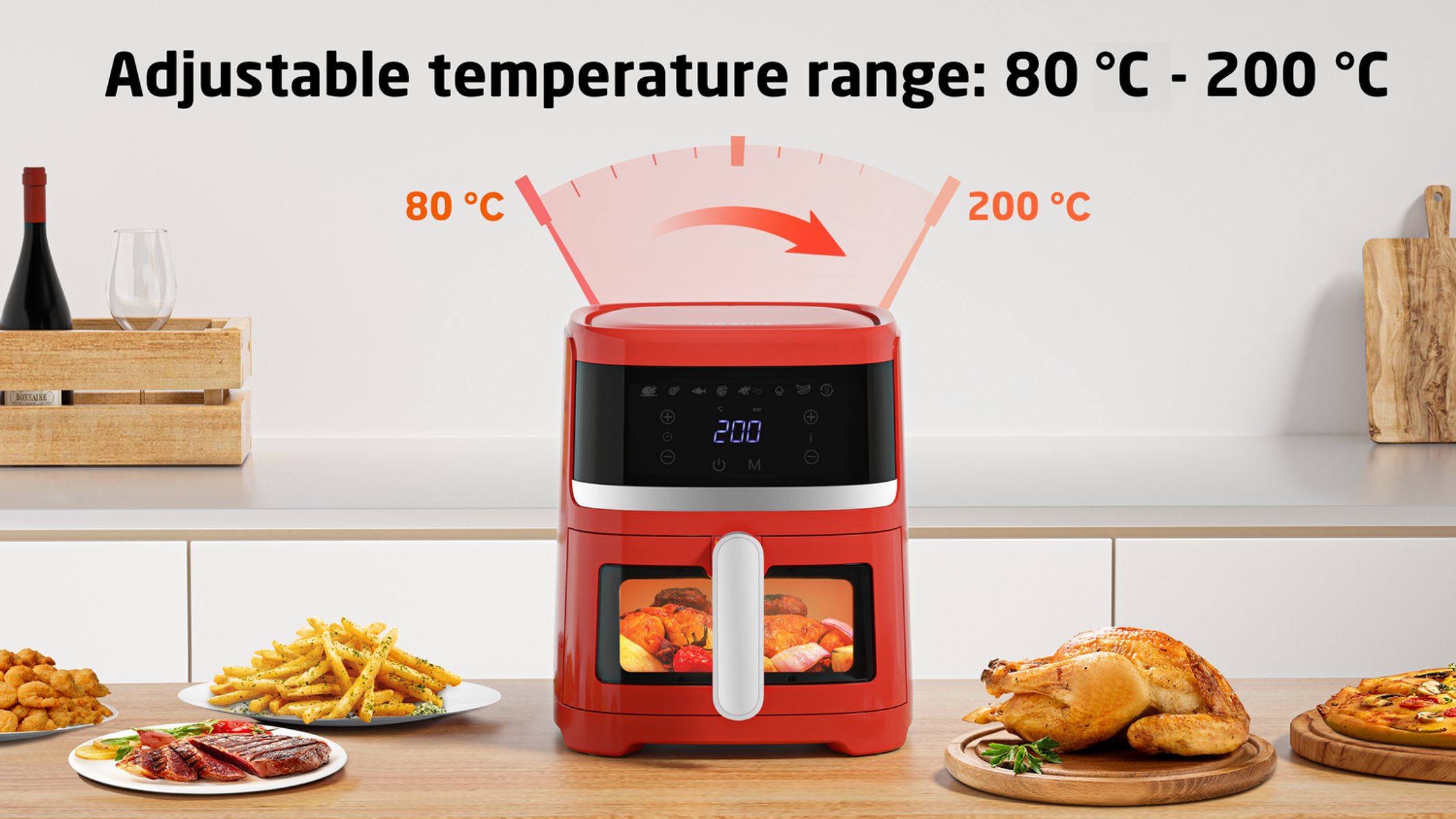 Roter Heißluftfritteuse mit Lebensmittelproben. Einstellbarer Temperaturbereich: 80-200°C. Weiße Arbeitsplatte, verschiedene Gerichte.
