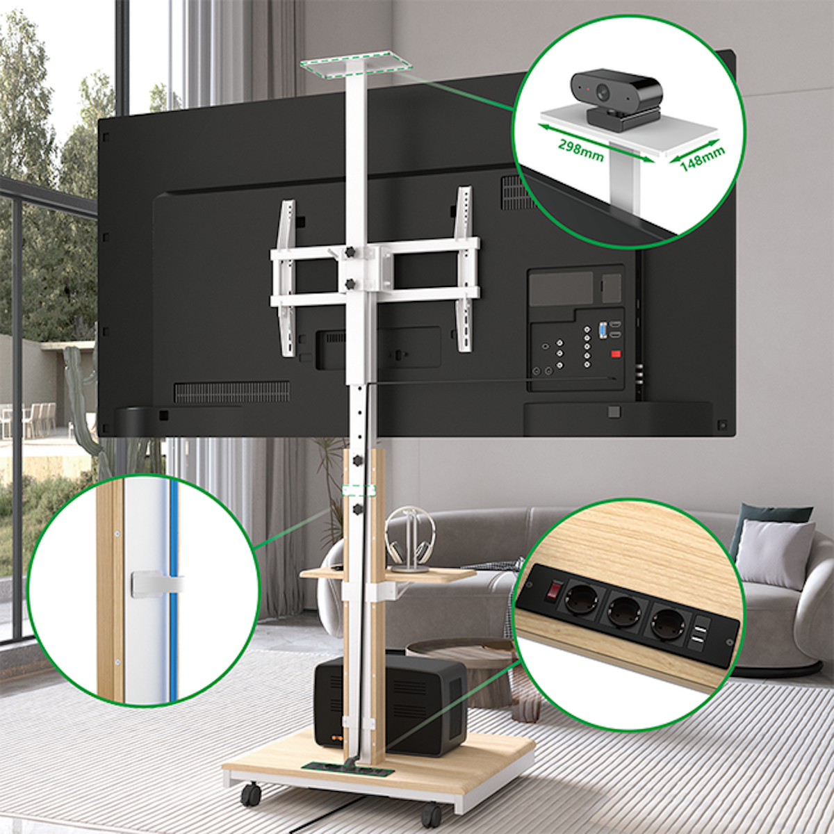 Een tv-standaard met een tv erop. Er zijn ook details van een webcam, poorten en een kleine plank.