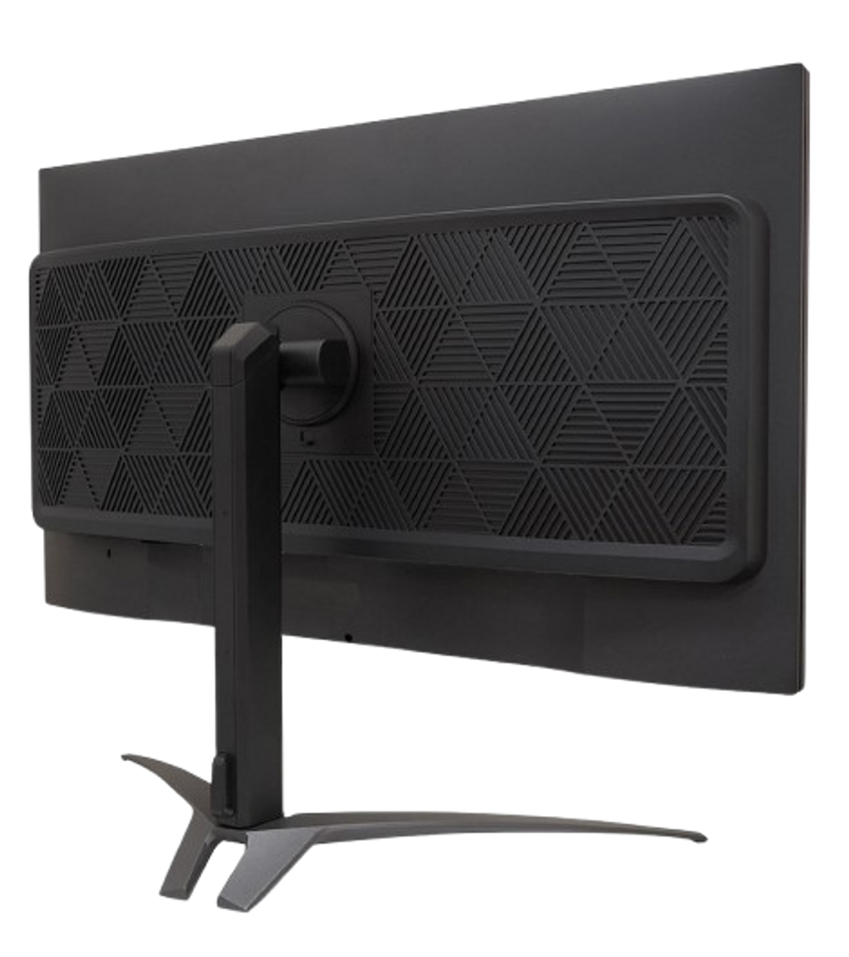 Tył czarnego monitora komputera na czarnym stojaku, ze wzorem geometrycznym.