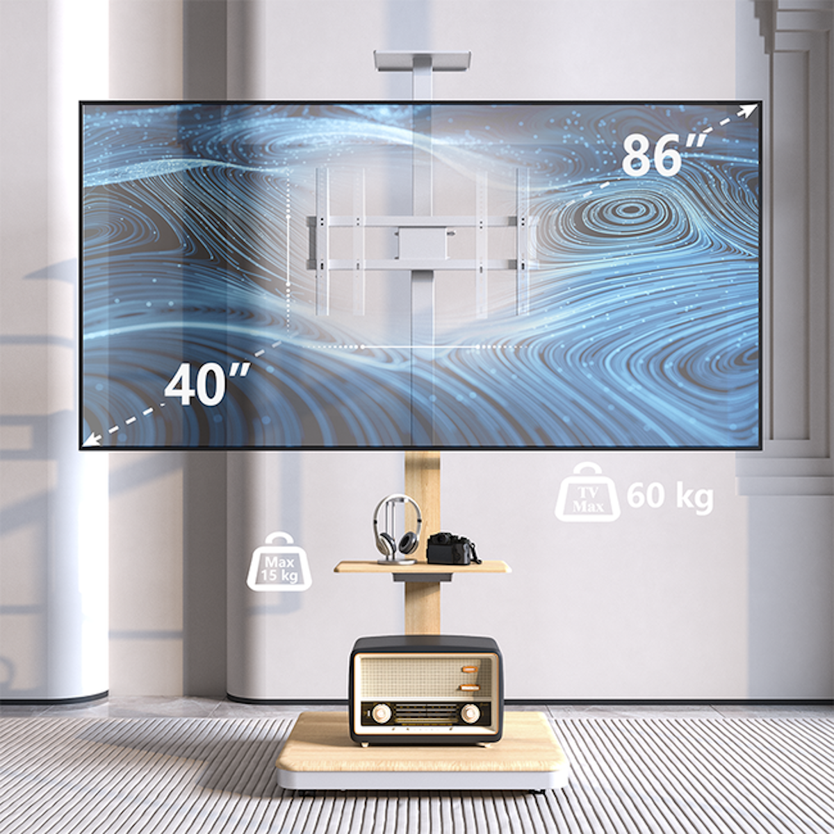 Tv-standaard met een tv-scherm met een blauw ontwerp, met labels en een radio.
