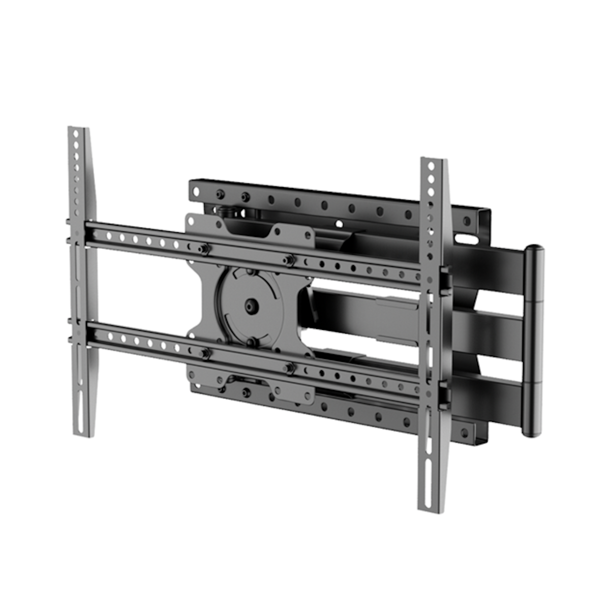 Black TV wall mount with adjustable arms and mounting hardware.