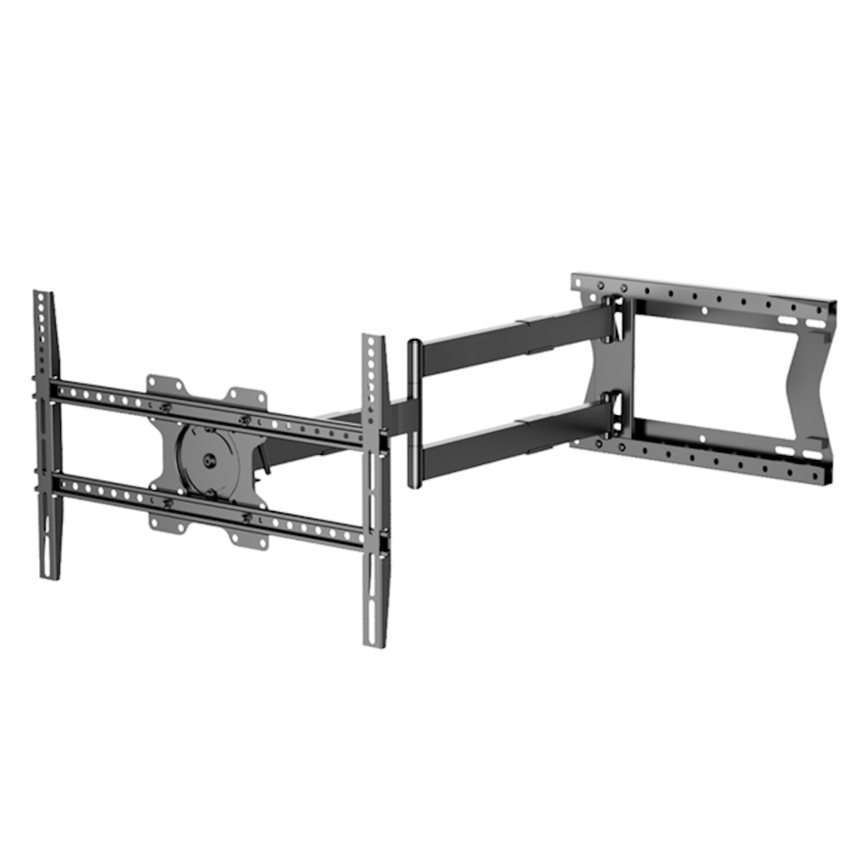 Black and silver TV wall mount. Shows bracket and arm design.